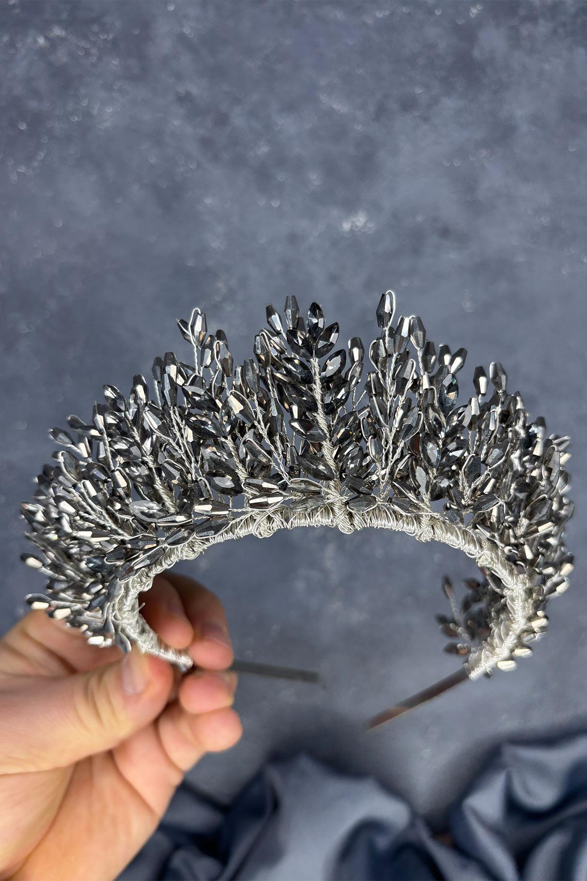 Anthracite Gray Elisa Design Beaded Bridal Henna Crown Hair Accessory