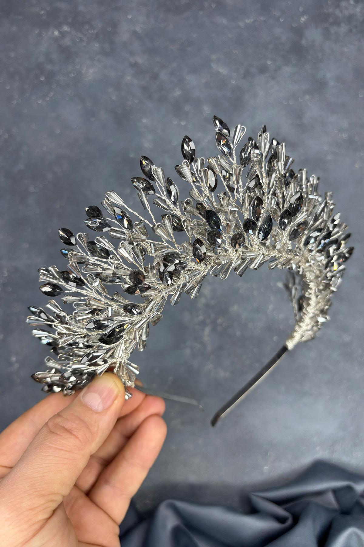Anthracite Gray Maria Heavily Embroidered Crystal Bridal Henna Crown Hair Accessory