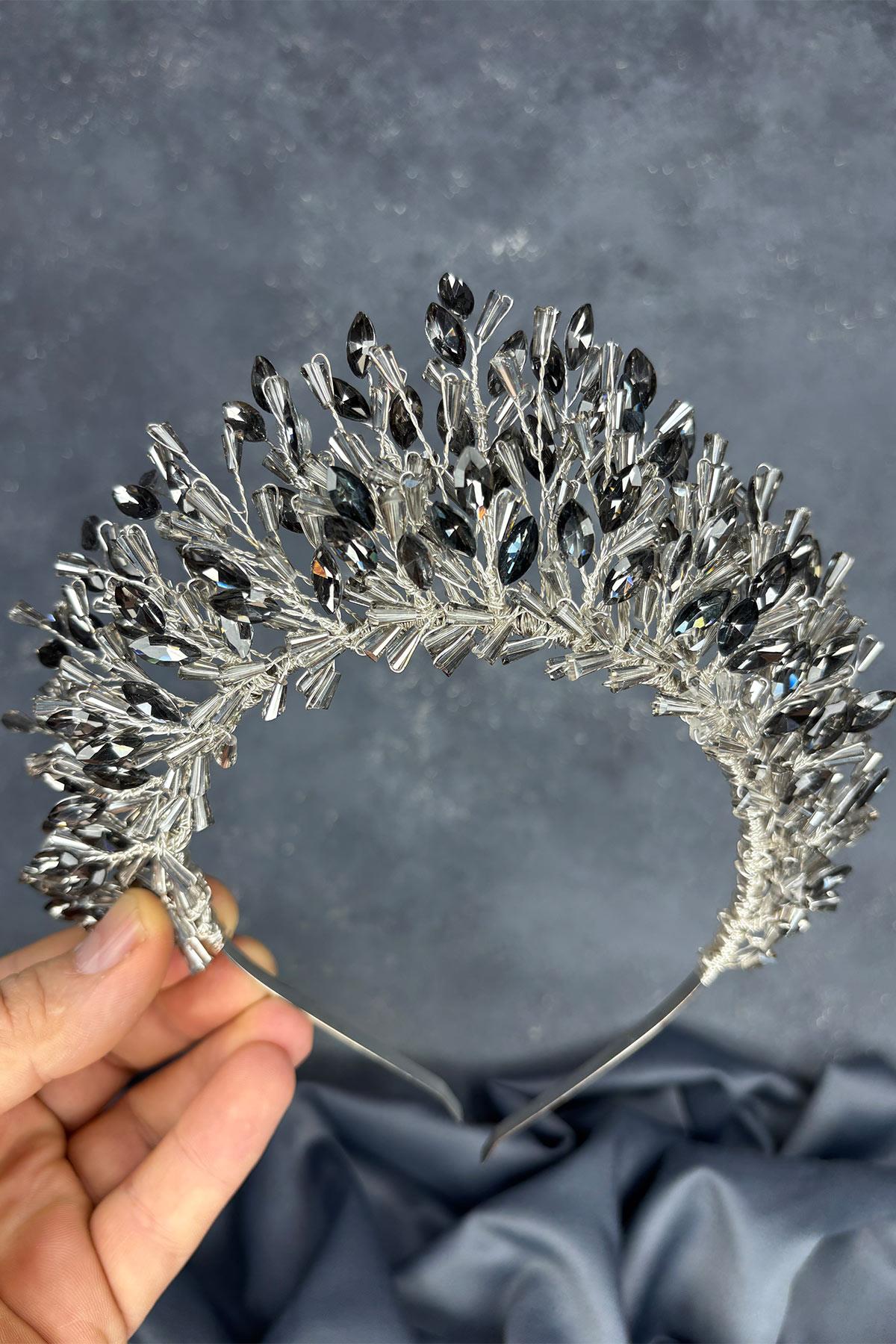Anthracite Gray Maria Heavily Embroidered Crystal Bridal Henna Crown Hair Accessory