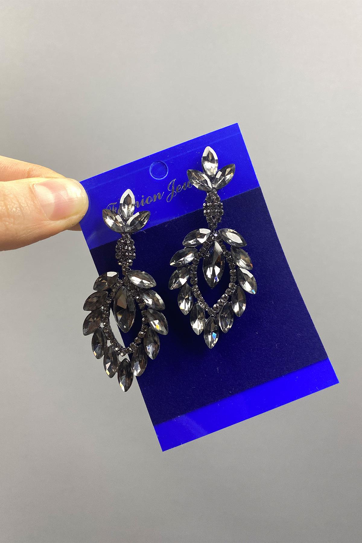 Antrasit Gri Mekik Duru Yaprak Desenli Taşlı Abiye Küpe