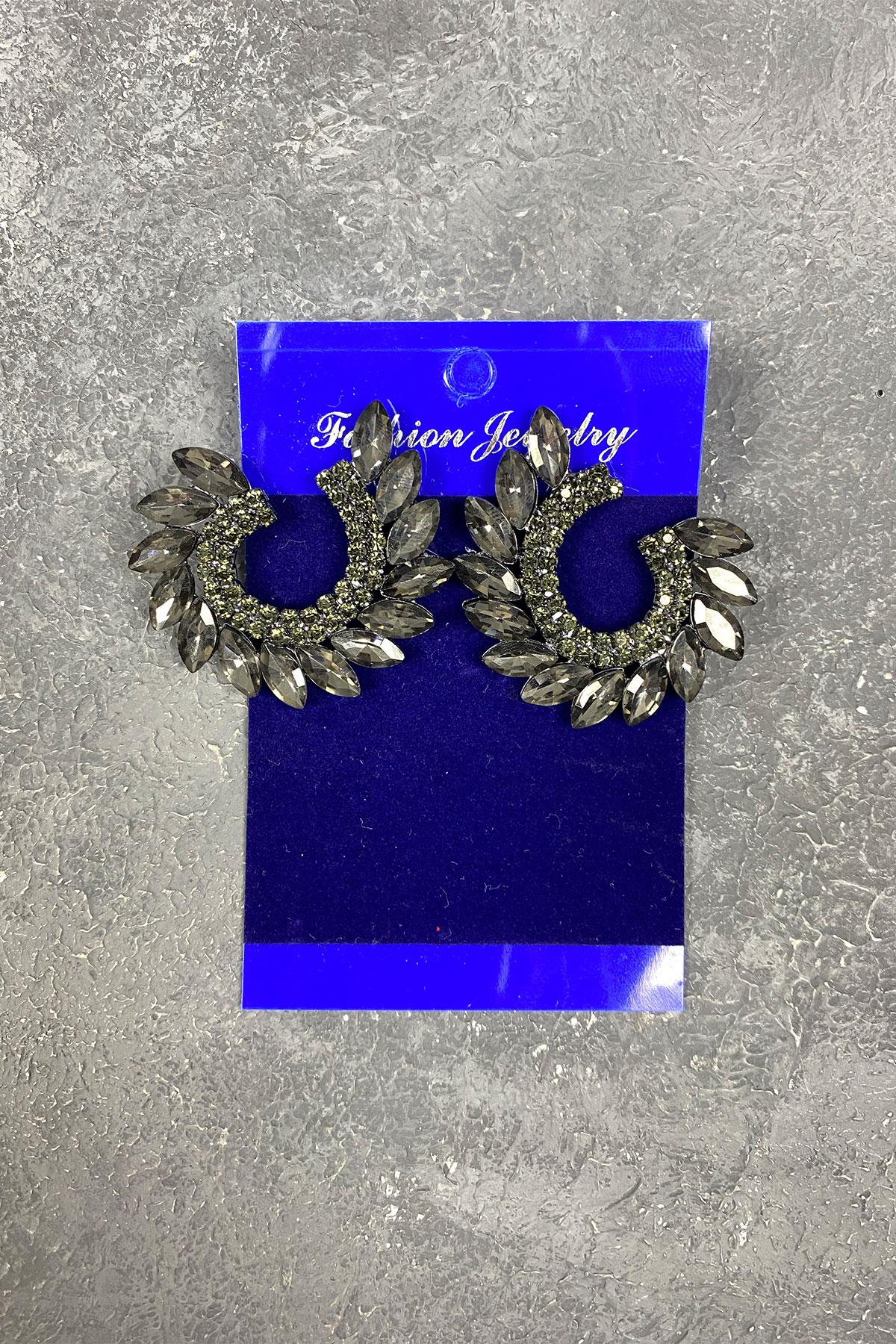 Antrasit Gri Mekik Hera Yaprak Desen Taşlı Abiye Küpe