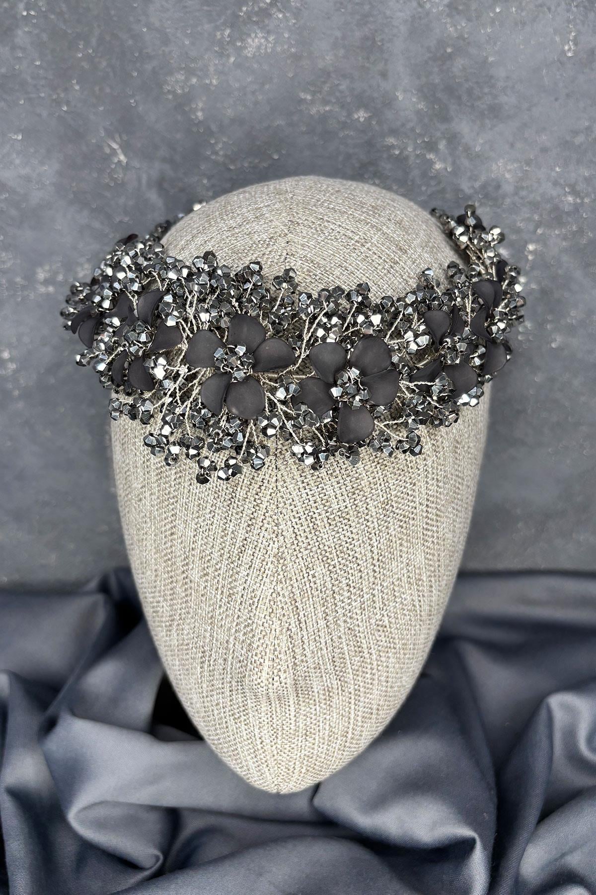 Anthracite Grey Nileda Crystal Beaded Bridal Henna Tiara Hair Accessory