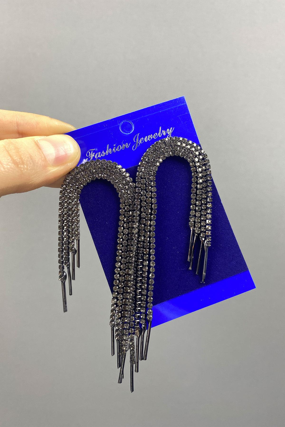 Anthracite Gray Dangle Evening Dress with Stone Earrings