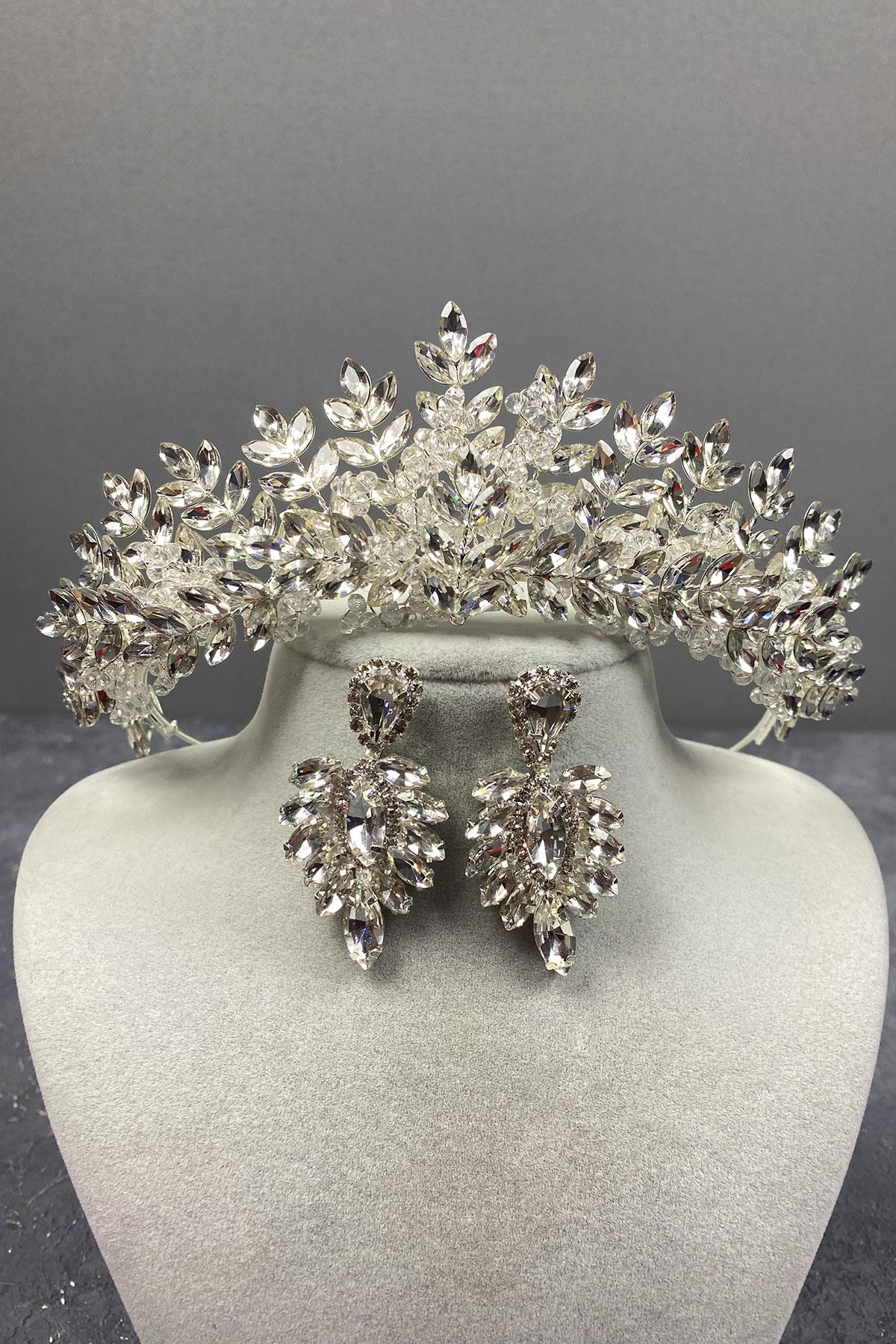 Originally Bead Embroidered Bridal Tiara and Stud Earrings Set