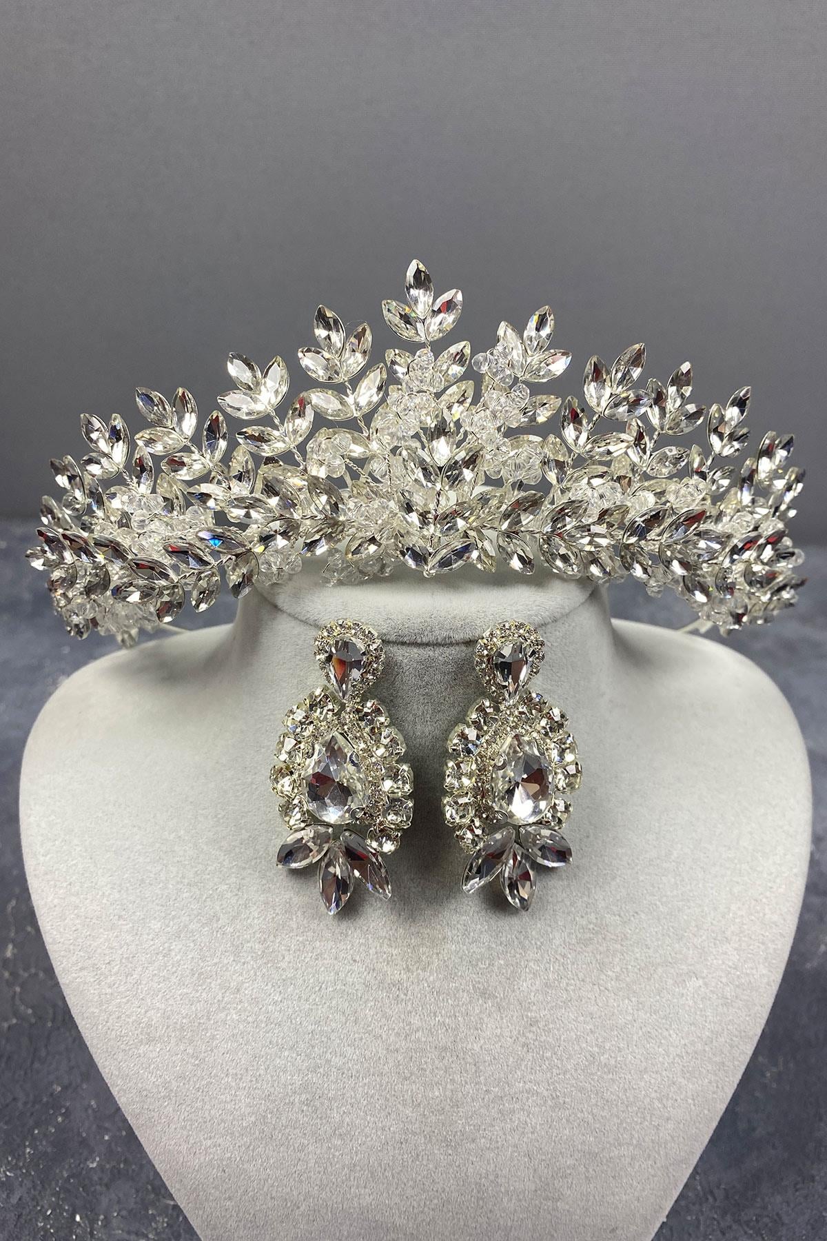 Originally Bead Embroidered Bridal Tiara and Stud Earrings Set
