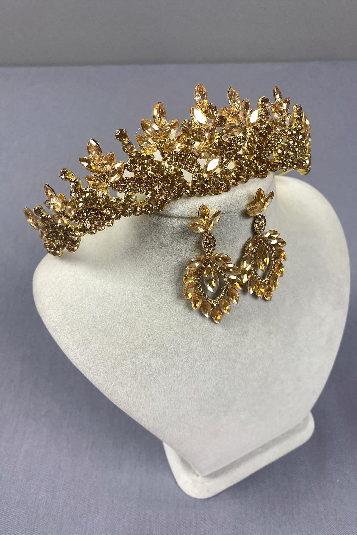 Honey Color Belur Bridal Henna Crown and Drop Earring Set