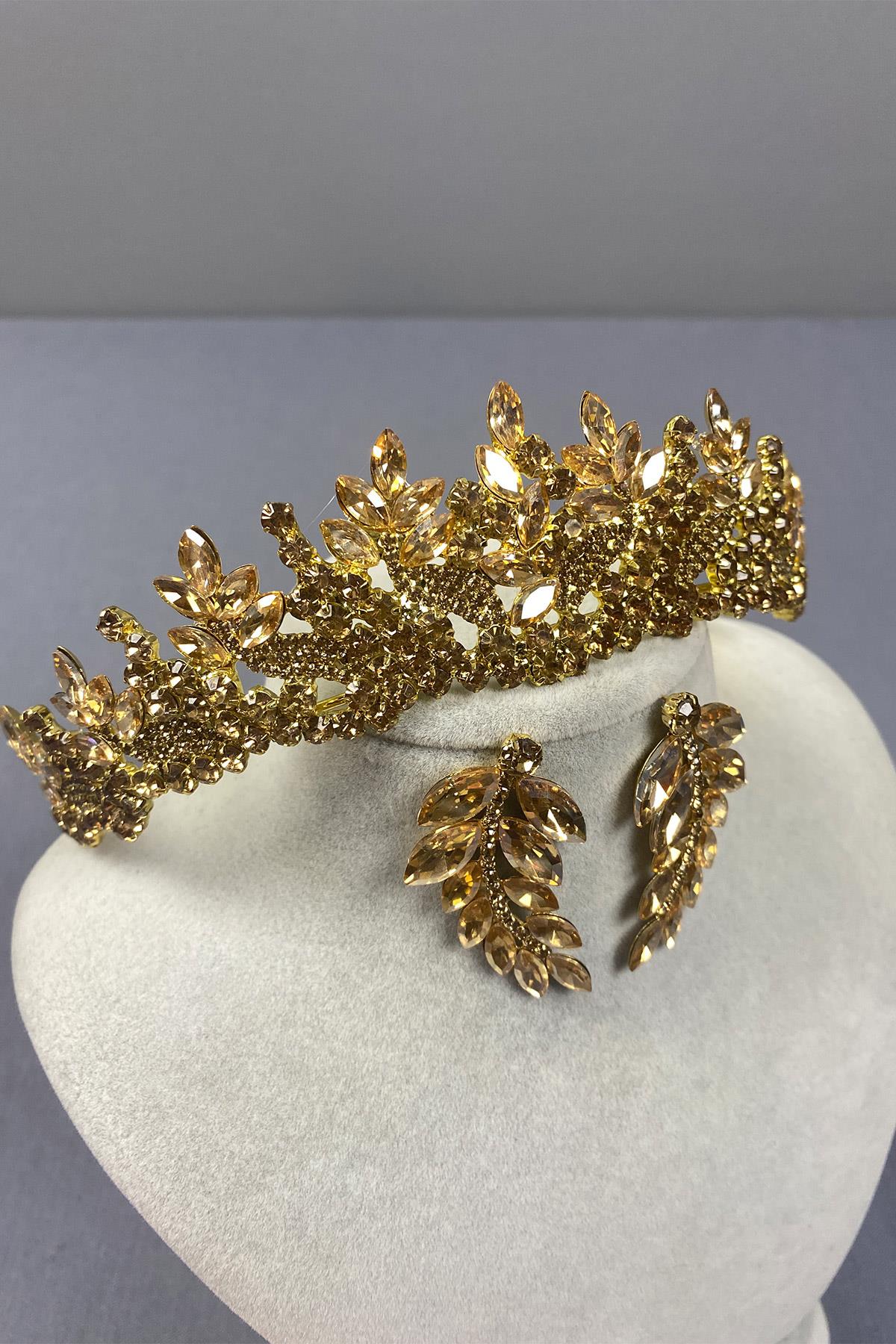 Honey Color Belur Bridal Henna Crown and Leaf Earring Set