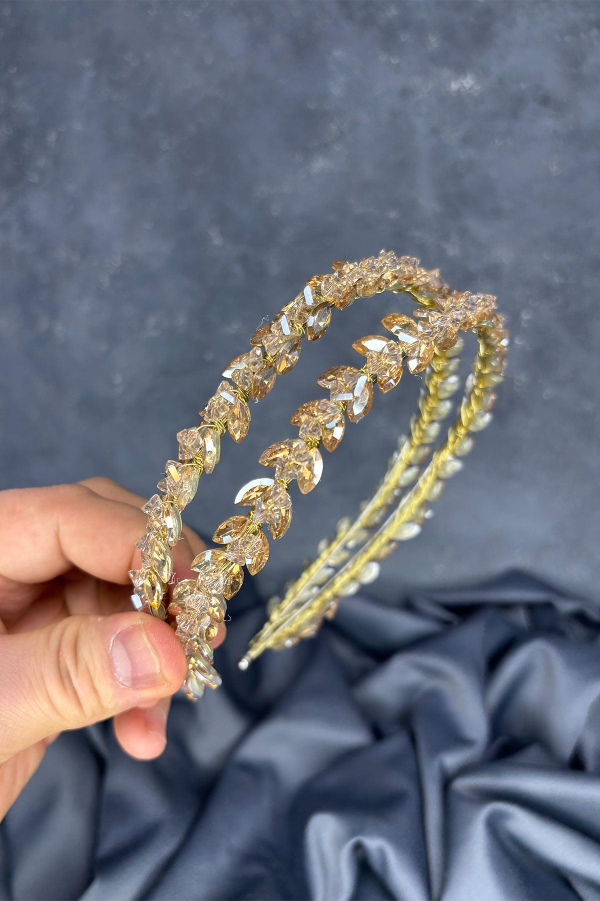 Honey Color Double Row Stone Lea Bridal Hair Accessory Bridal Henna Crown