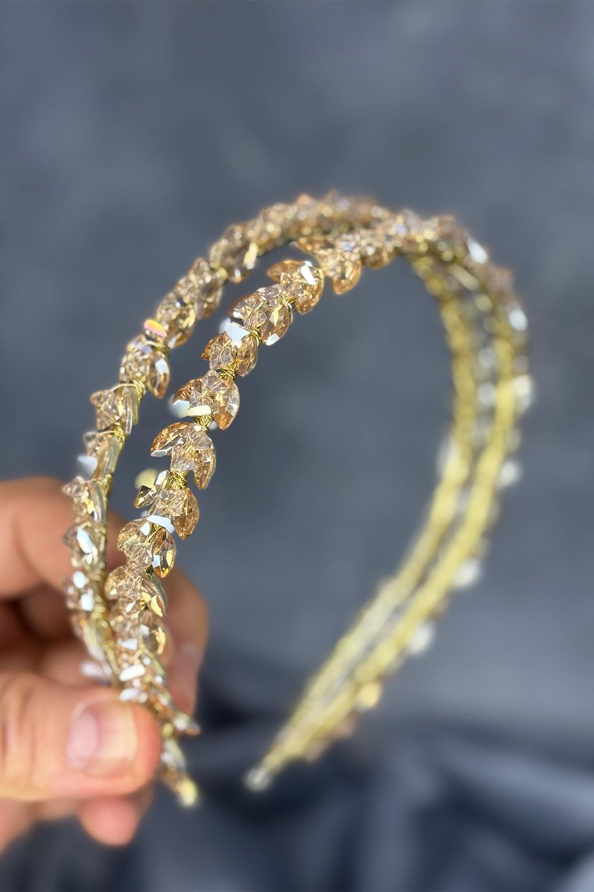 Honey Color Double Row Stone Lea Bridal Hair Accessory Bridal Henna Crown