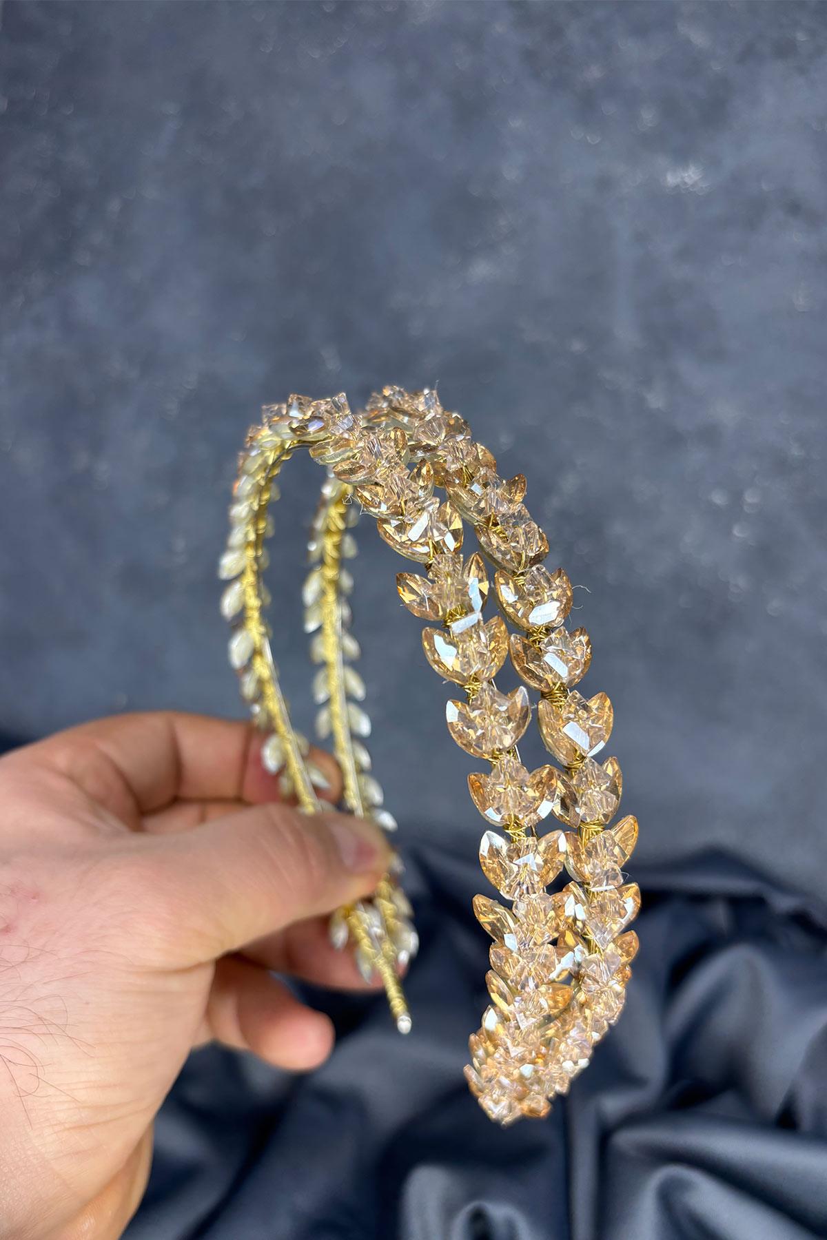 Honey Color Double Row Stone Lea Bridal Hair Accessory Bridal Henna Crown
