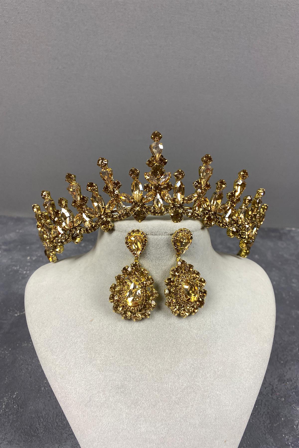 Honey Color Cooker Bridal Henna Tiara and Drop Stone Evening Dress Earrings