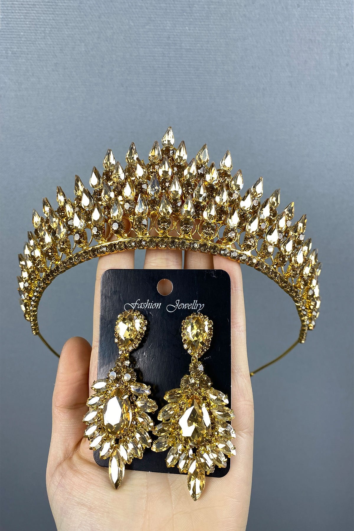Honey Color Drop 3D Bridal Henna Crown And Stone Earring Set