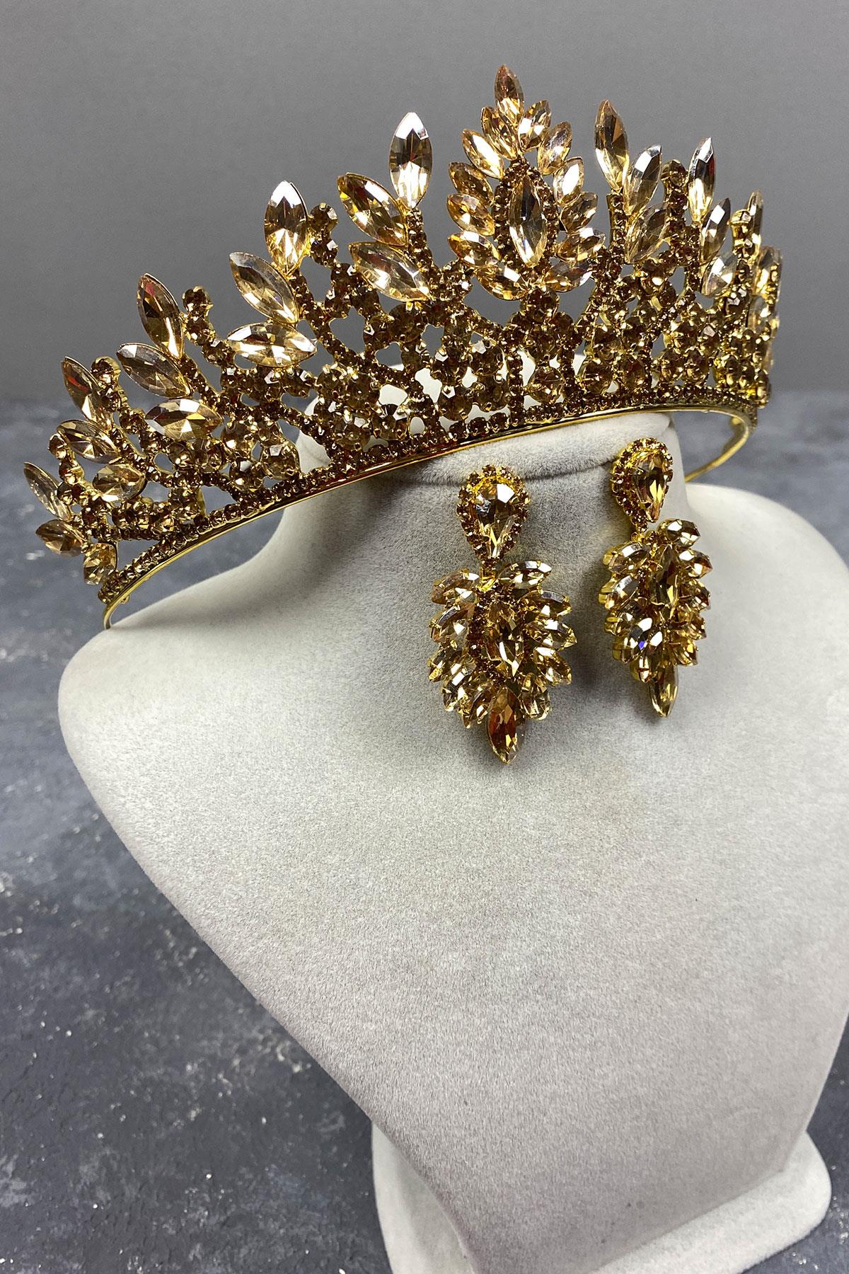 Honey Color Danver Stone Bridal Henna Crown And Earring Set
