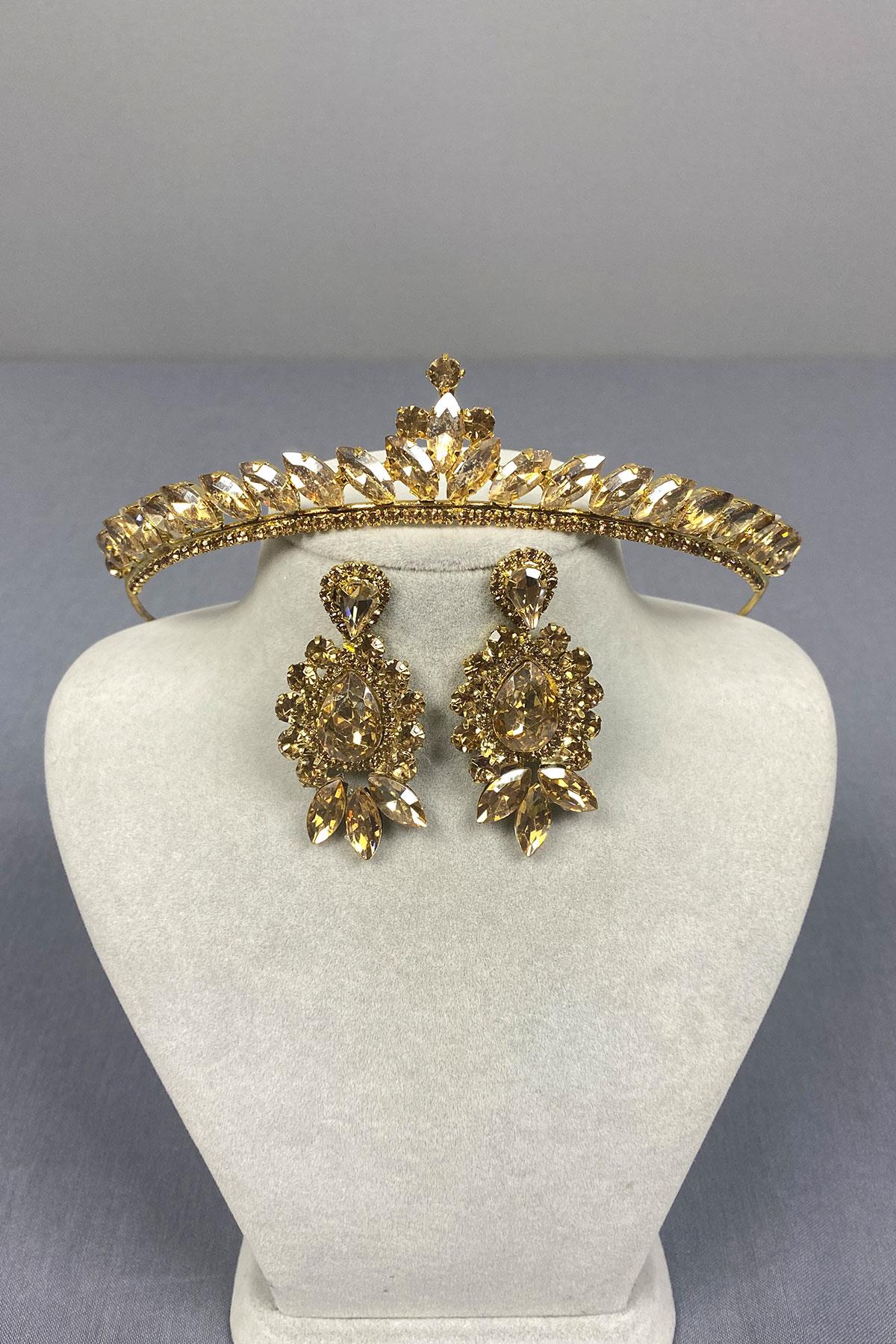 Honey Color Ece Bridal Henna Crown and Drop Shuttle Stone Earring Set