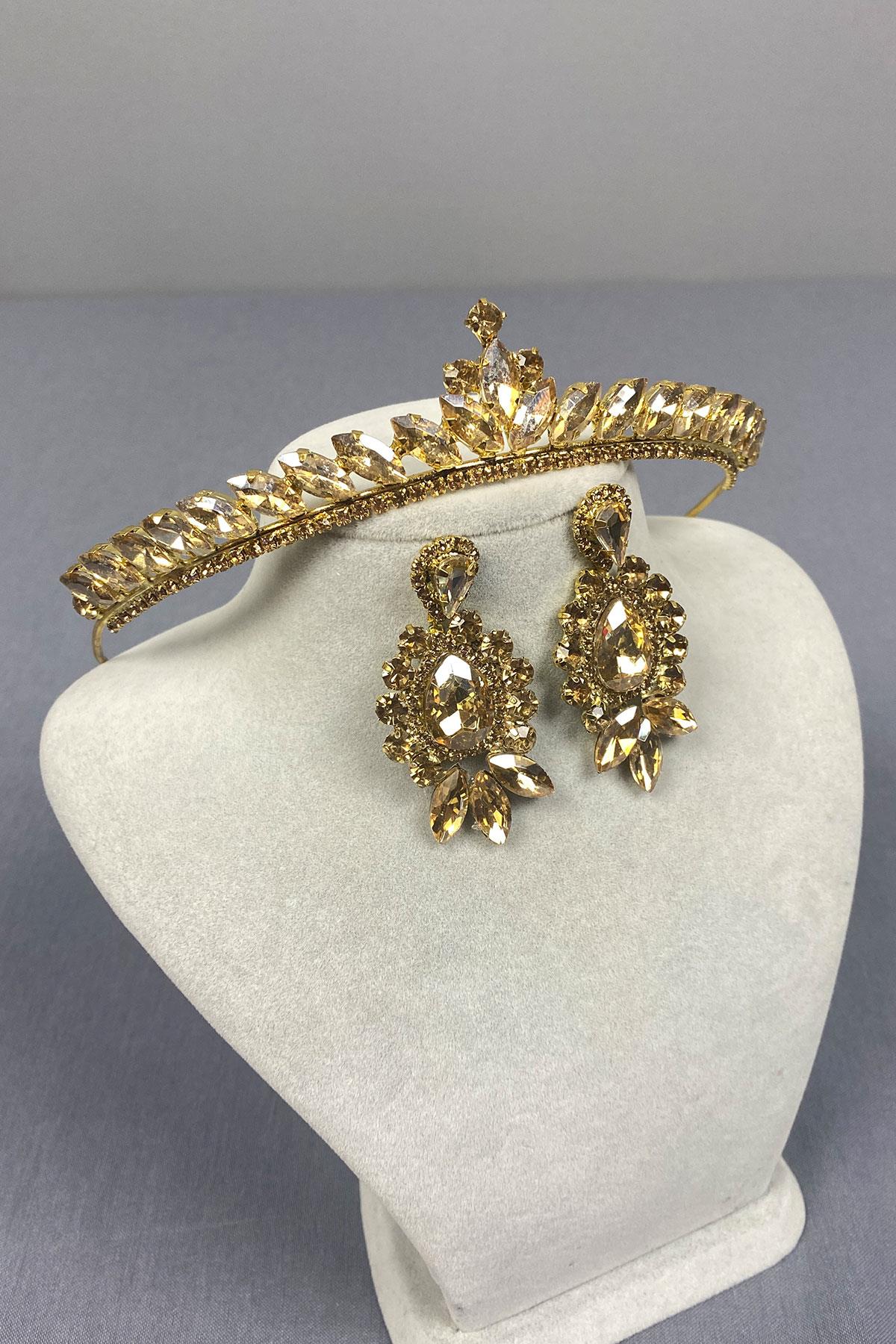Honey Color Ece Bridal Henna Crown and Drop Shuttle Stone Earring Set
