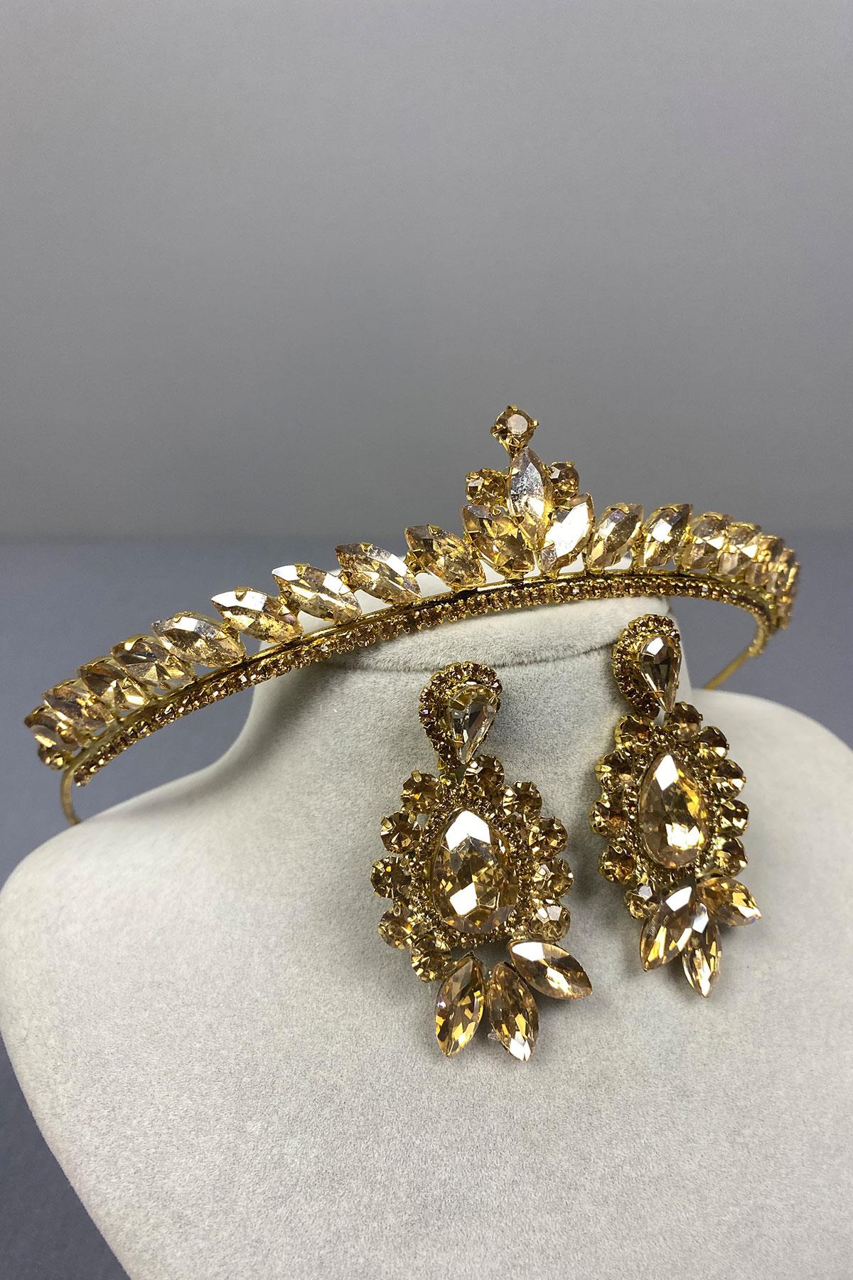 Honey Color Ece Bridal Henna Crown and Drop Shuttle Stone Earring Set