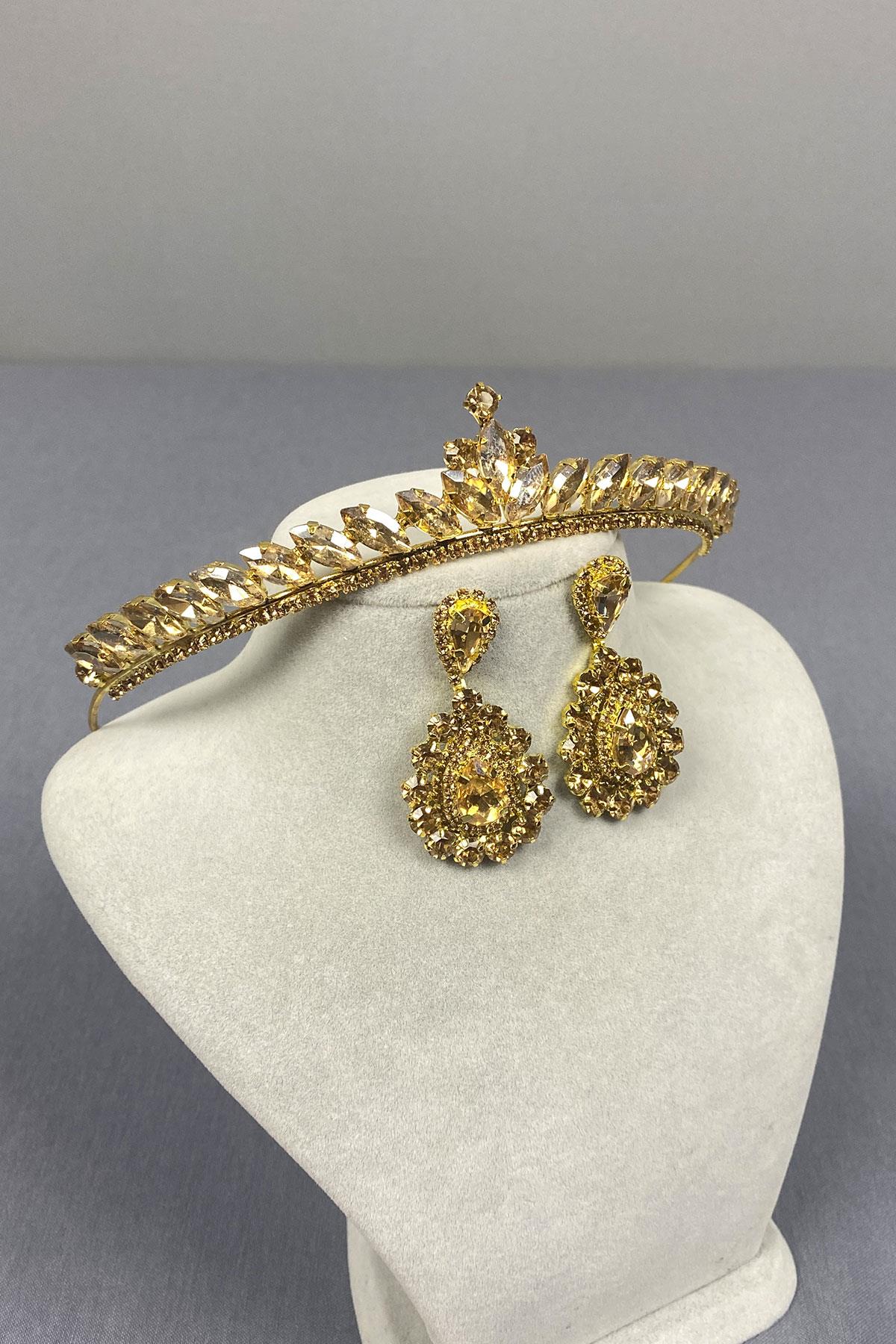 Honey Color Ece Bridal Henna Crown and Drop Stone Earring Set