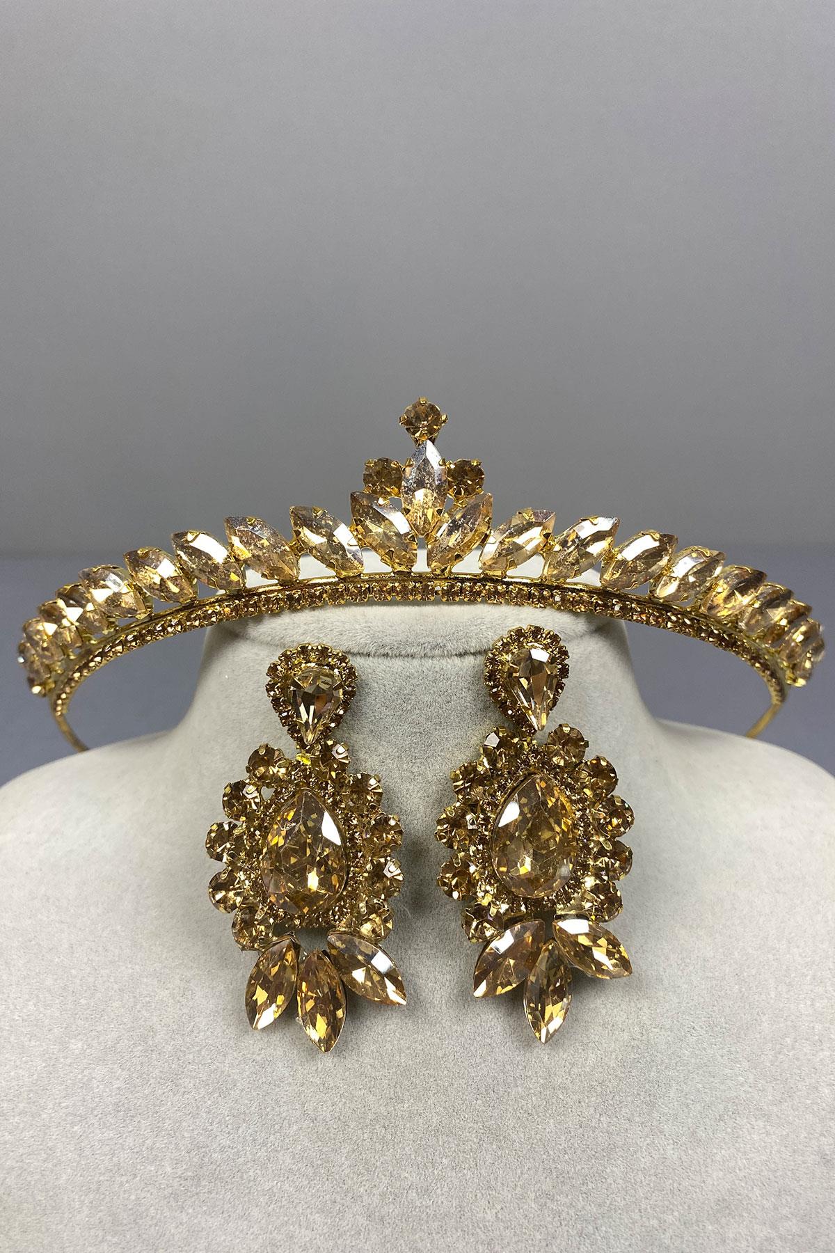 Honey Color Ece Bridal Henna Crown and Drop Shuttle Stone Earring Set