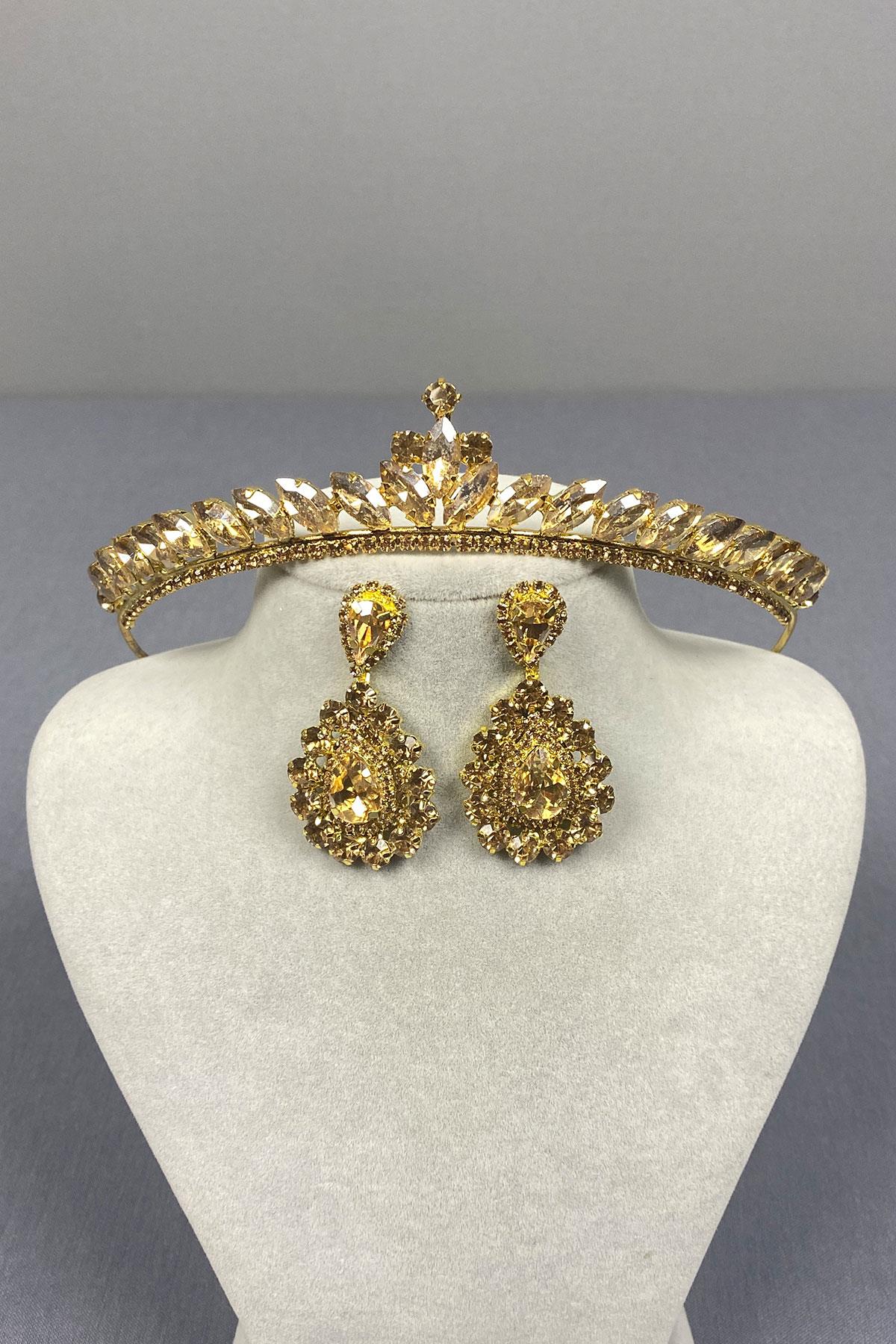 Honey Color Ece Bridal Henna Crown and Drop Stone Earring Set
