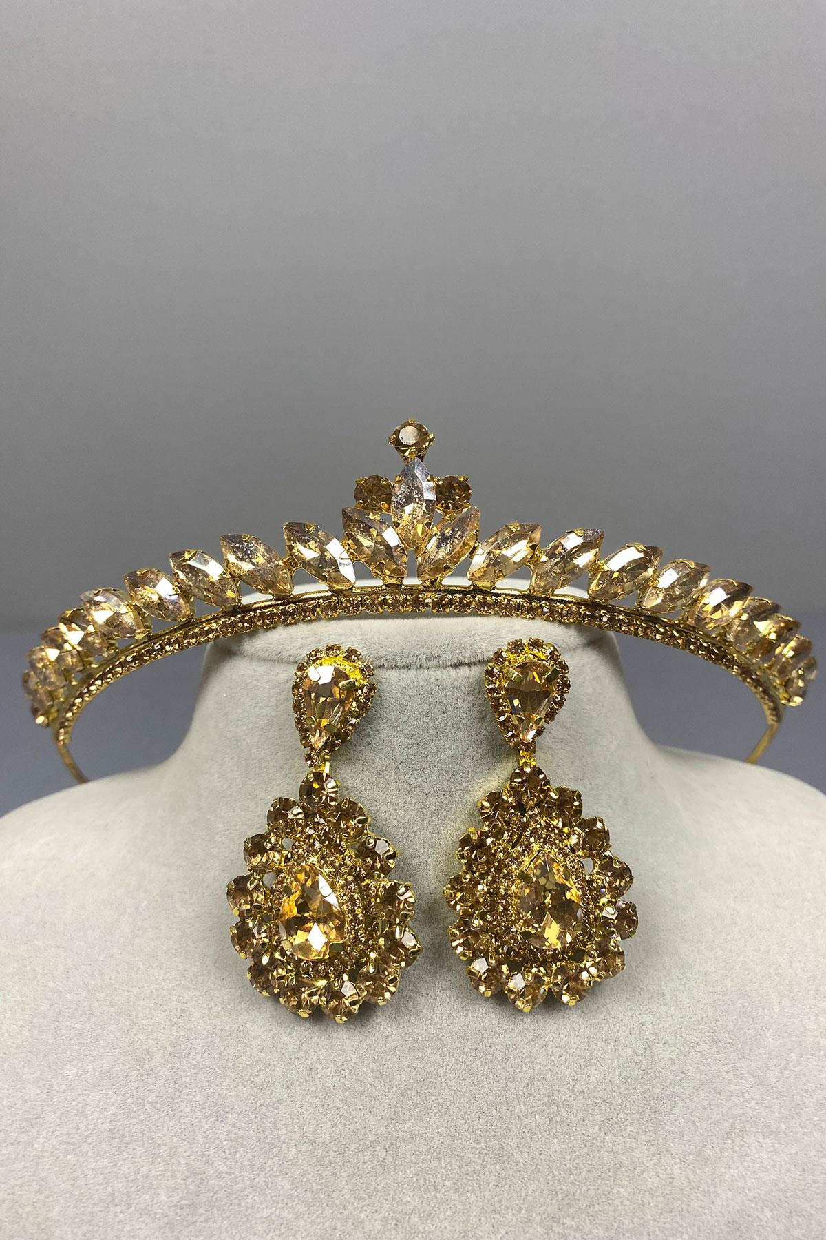 Honey Color Ece Bridal Henna Crown and Drop Stone Earring Set