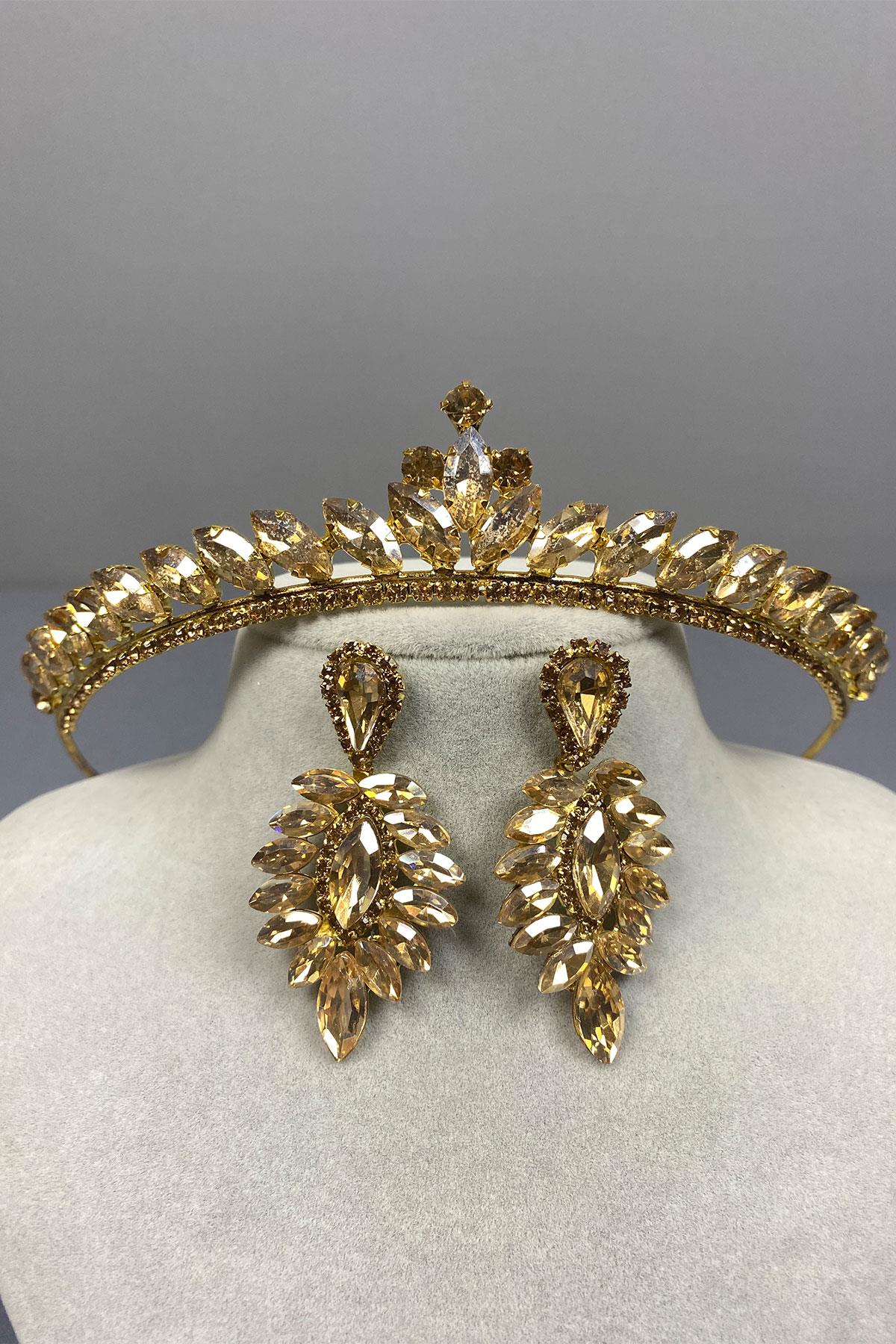 Honey Color Ece Bride Henna Crown and Thin Shuttle Stone Earrings