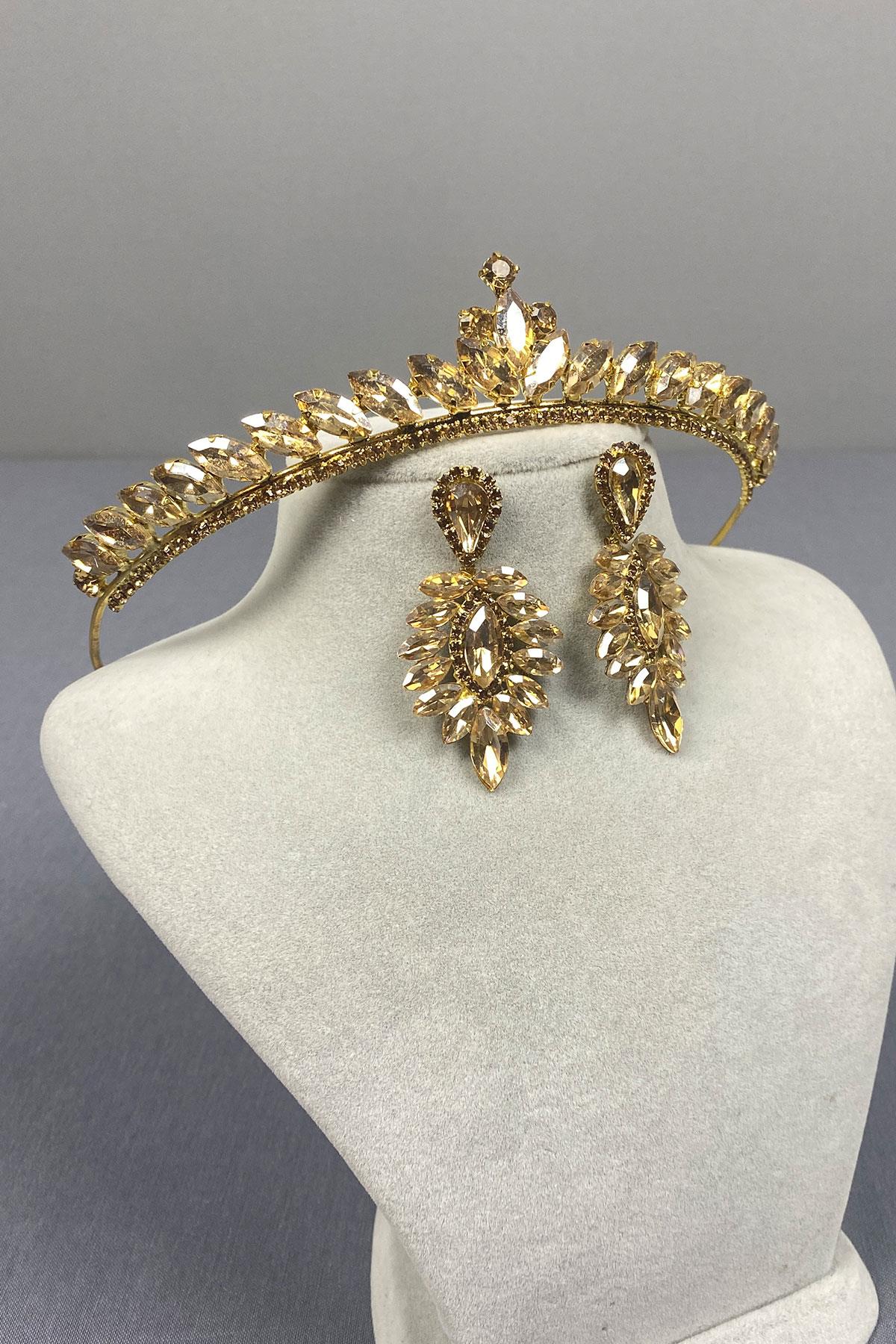Honey Color Ece Bride Henna Crown and Thin Shuttle Stone Earrings
