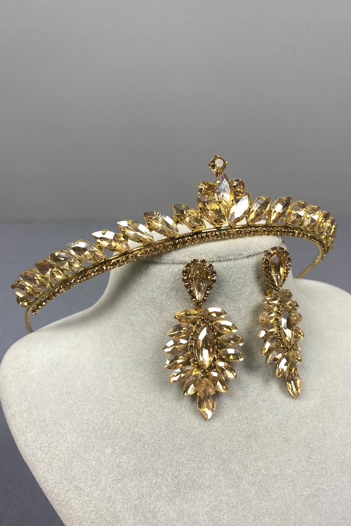 Honey Color Ece Bride Henna Crown and Thin Shuttle Stone Earrings