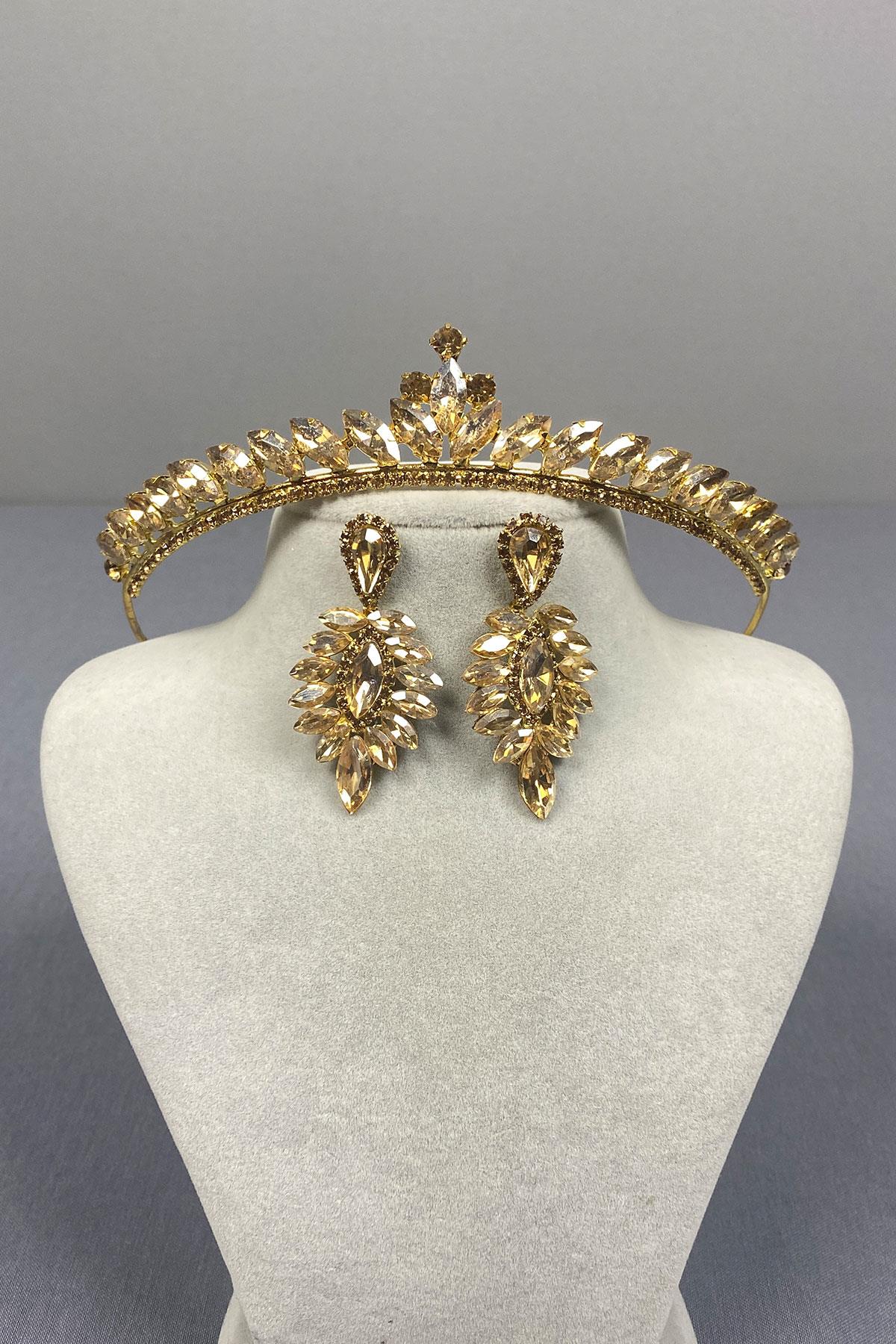 Honey Color Ece Bride Henna Crown and Thin Shuttle Stone Earrings