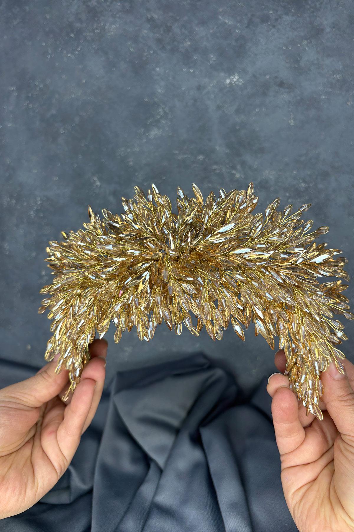 Honey-colored Eva Henna Tiara with Dense Beadwork for Brides