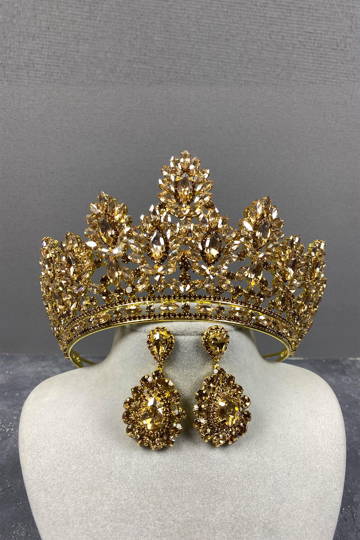 Honey Color Godiva High Bridal Henna Crown And Drop Stone Earrings