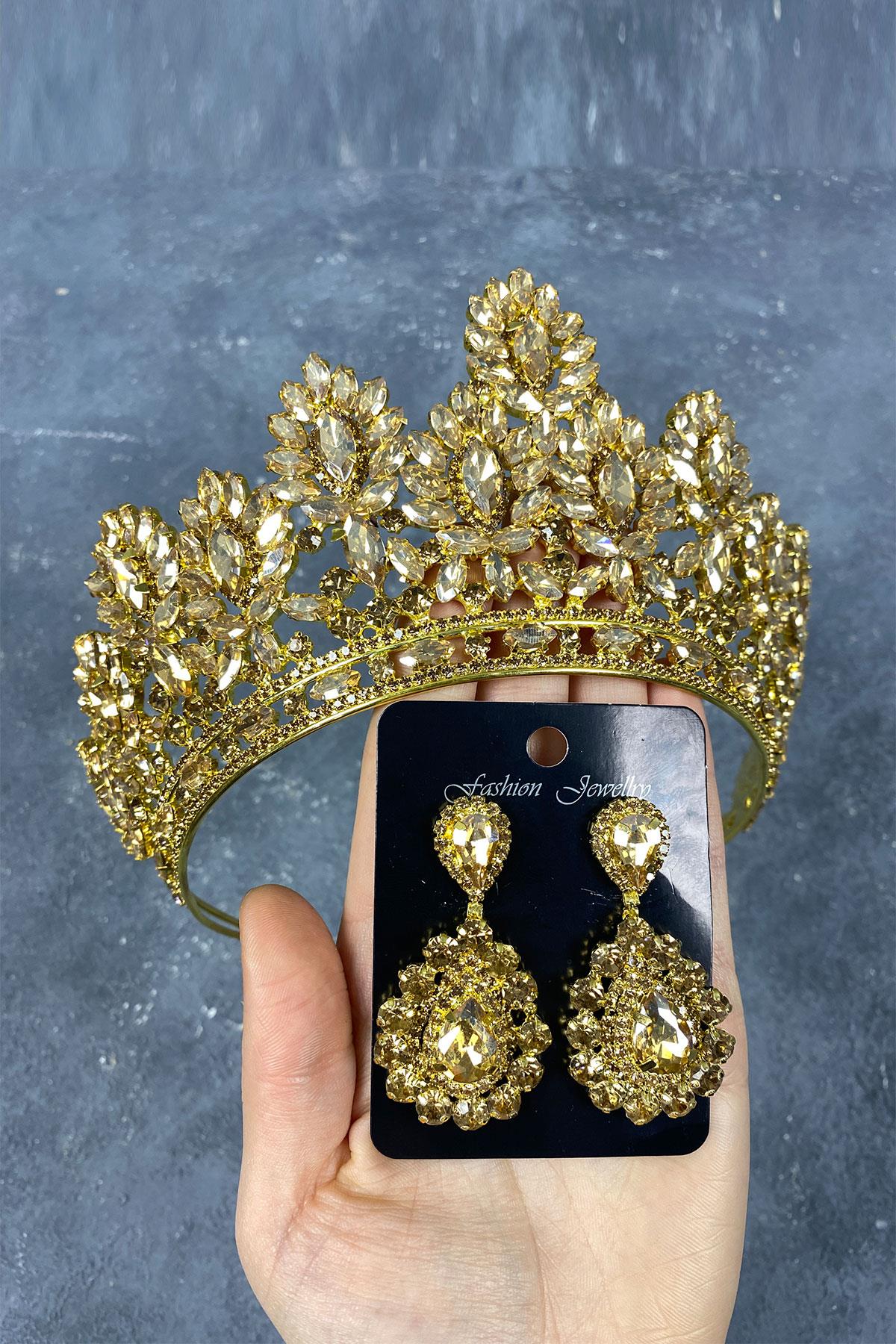 Honey Color Godiva High Bridal Henna Crown And Drop Stone Earrings