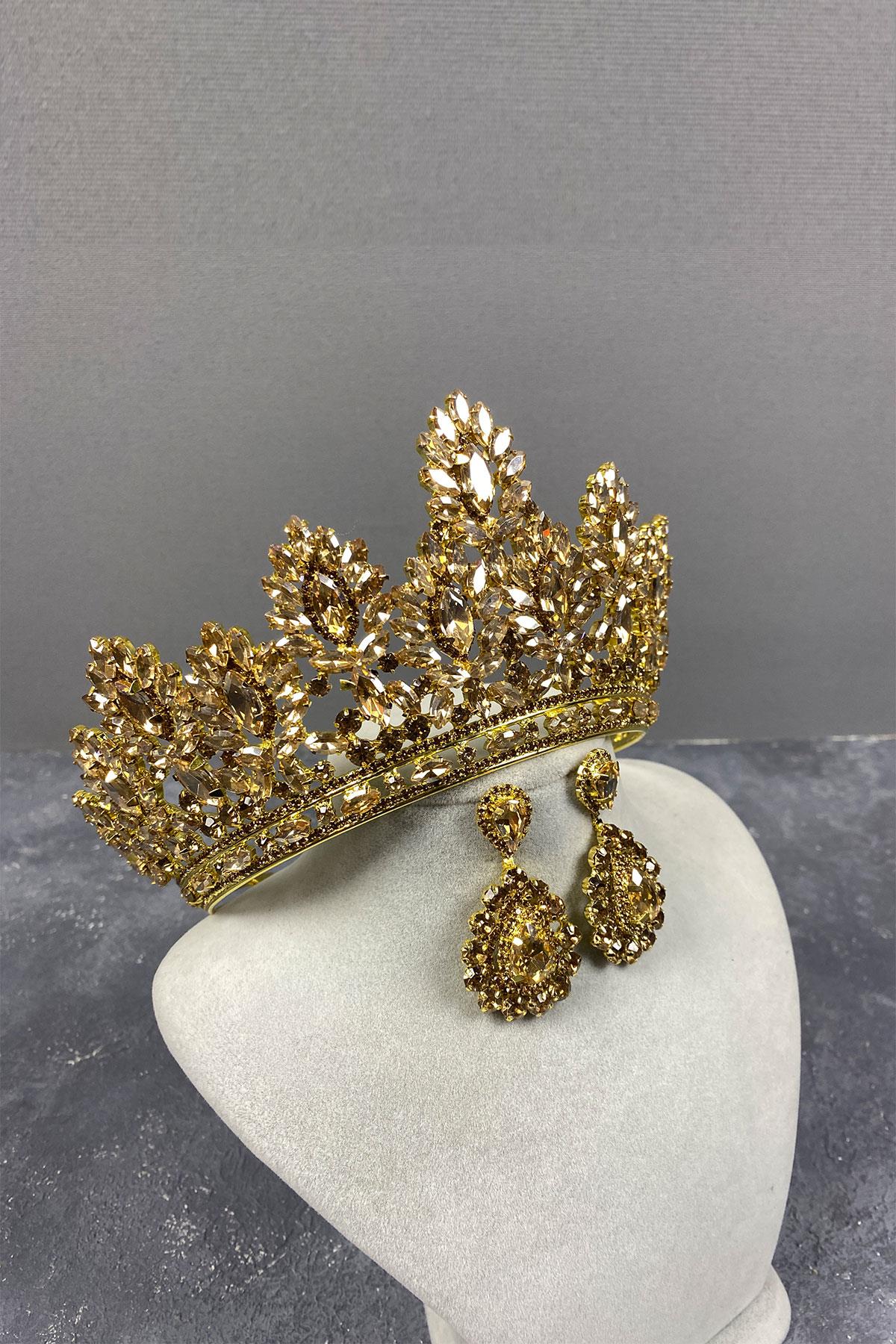 Honey Color Godiva High Bridal Henna Crown And Drop Stone Earrings