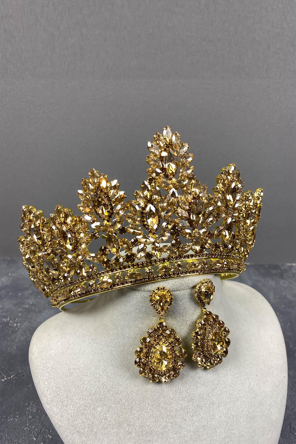 Honey Color Godiva High Bridal Henna Crown And Drop Stone Earrings