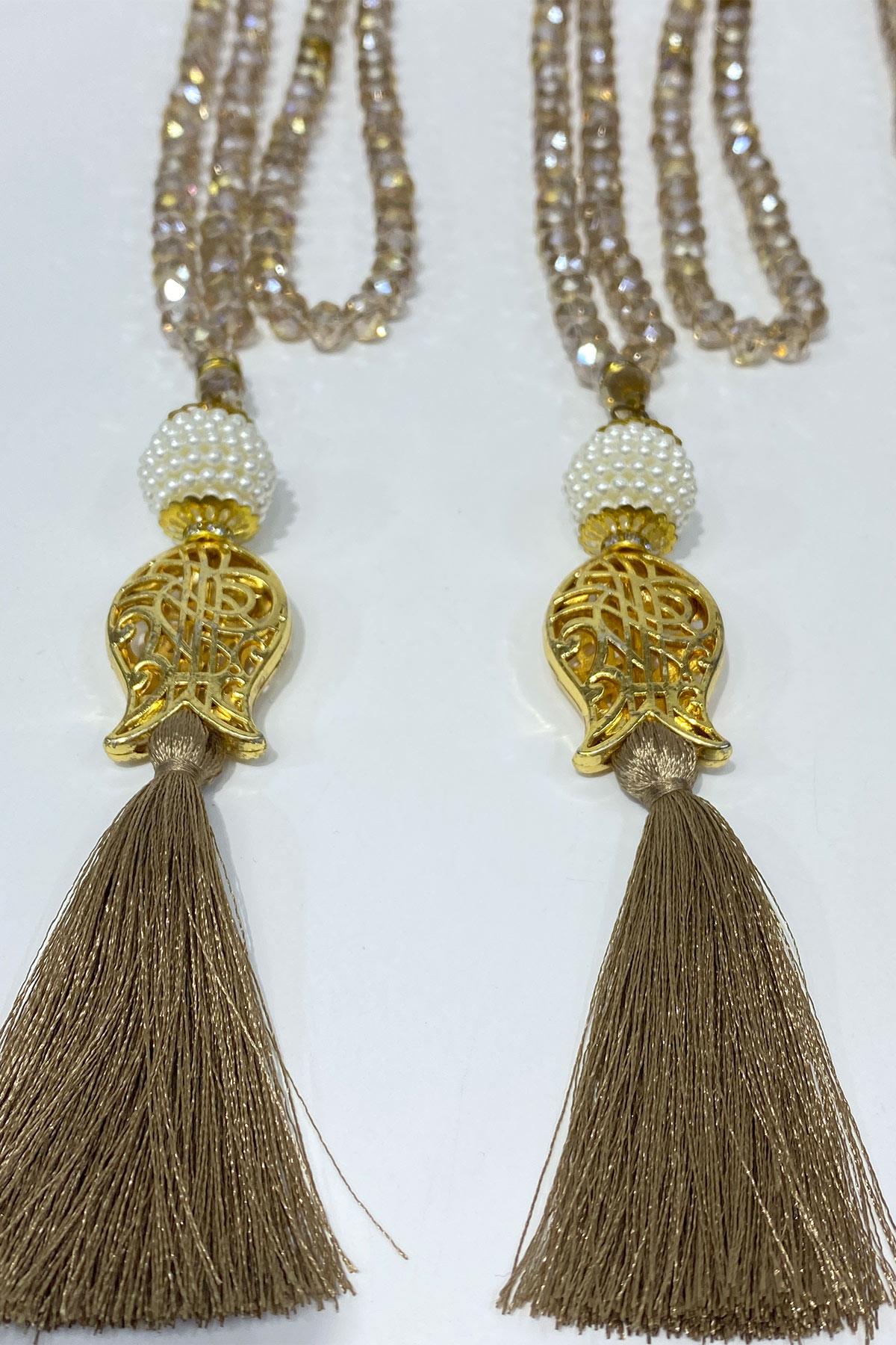 Bal Rengi Hediyelik Laleli Püsküllü Kristal Boncuklu 99 Lu Namaz Tesbihi ( Mevlüt-sünnet-hac-umre)