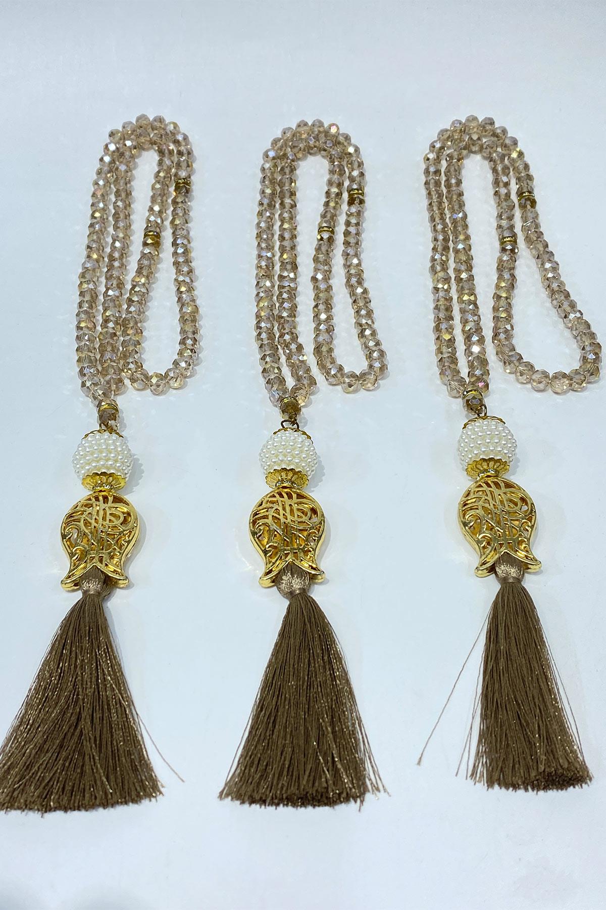 Bal Rengi Hediyelik Laleli Püsküllü Kristal Boncuklu 99 Lu Namaz Tesbihi ( Mevlüt-sünnet-hac-umre)