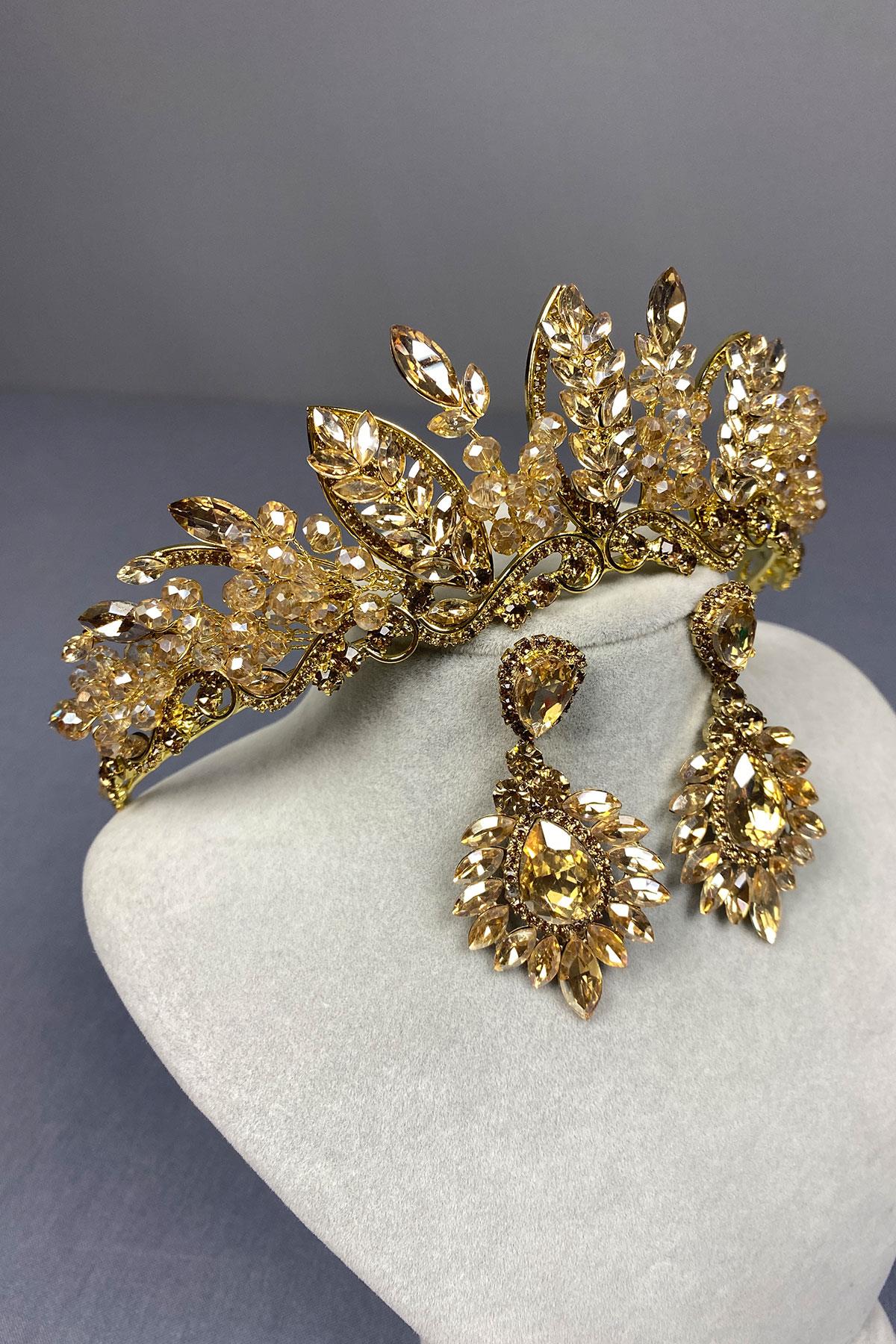 Honey Color Jabbah Bead Embroidered Bridal Henna Crown and Shuttle Earrings