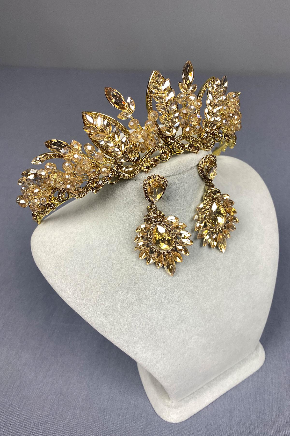 Honey Color Jabbah Bead Embroidered Bridal Henna Crown and Shuttle Earrings