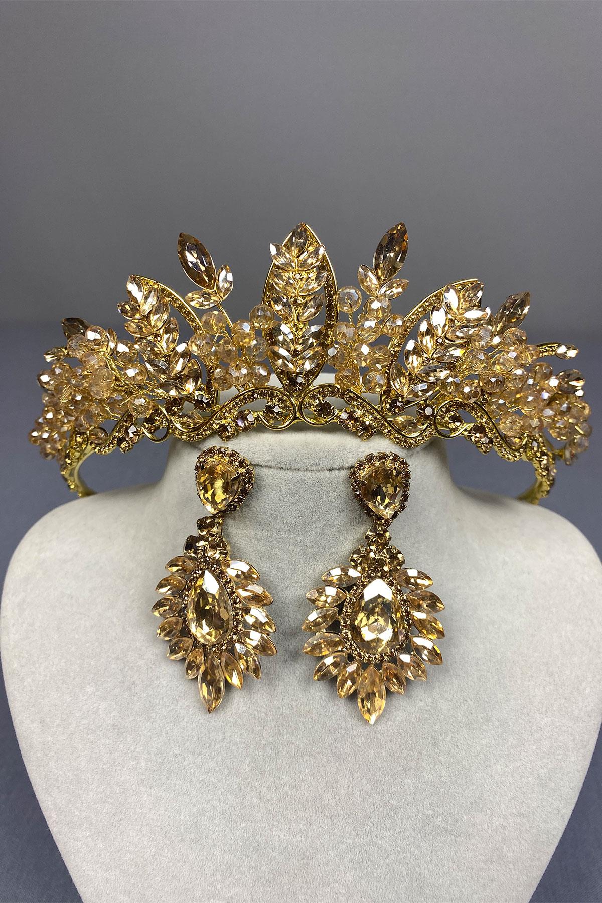 Honey Color Jabbah Bead Embroidered Bridal Henna Crown and Shuttle Earrings