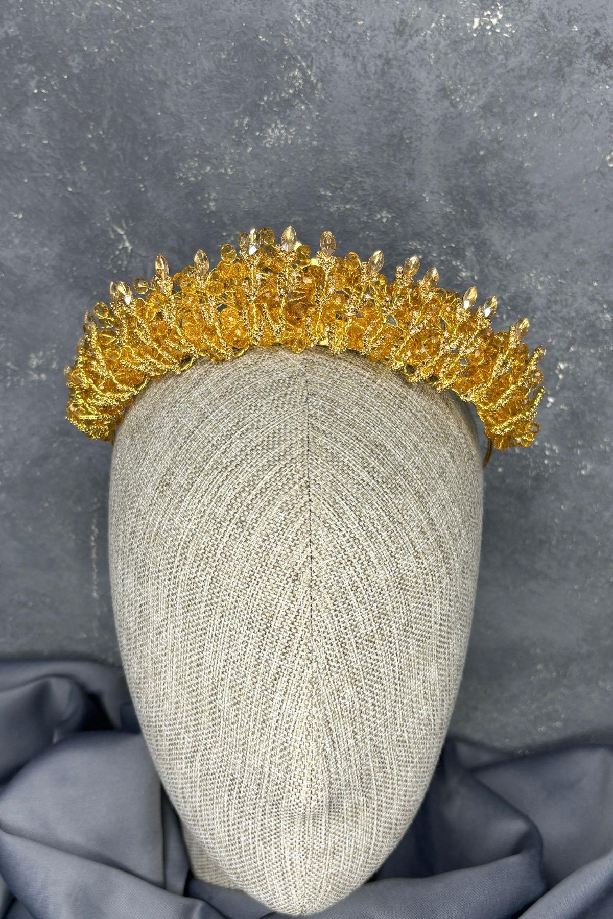 Honey-Colored Crystal Bead Embellished Buglem Bridal Tiara