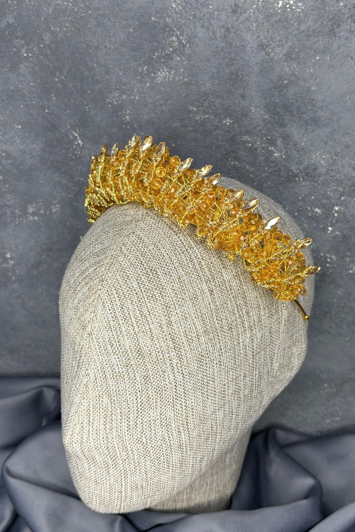 Honey-Colored Crystal Bead Embellished Buglem Bridal Tiara