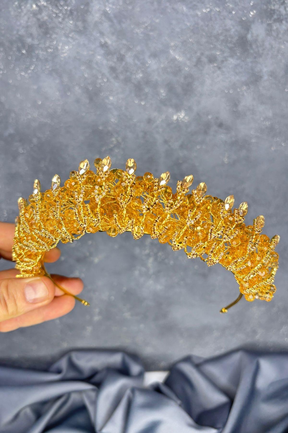 Honey-Colored Crystal Bead Embellished Buglem Bridal Tiara
