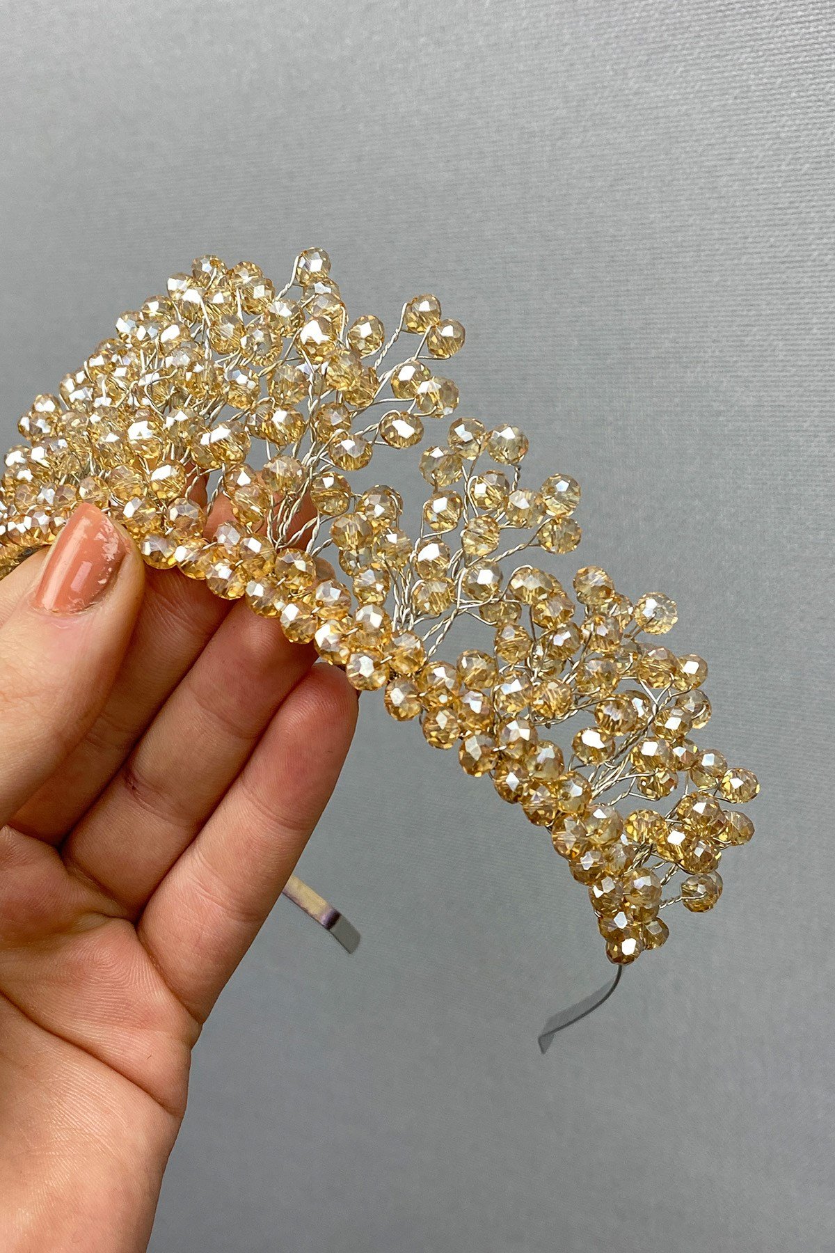 Bal Rengi Kristal Boncuklu Aren Gelin ve Kına Tacı