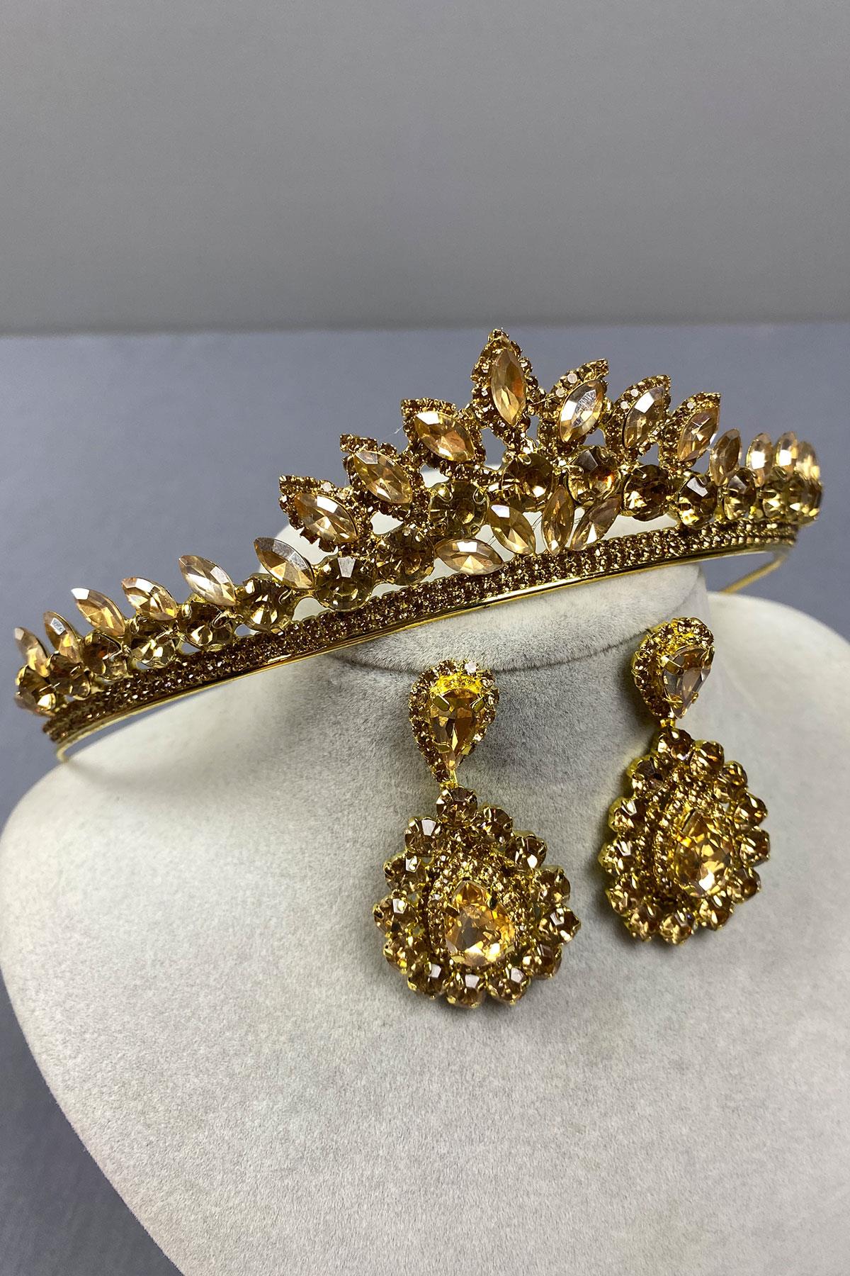 Honey Color Leyn Bridal Henna Crown and Almond Stone Earring Set