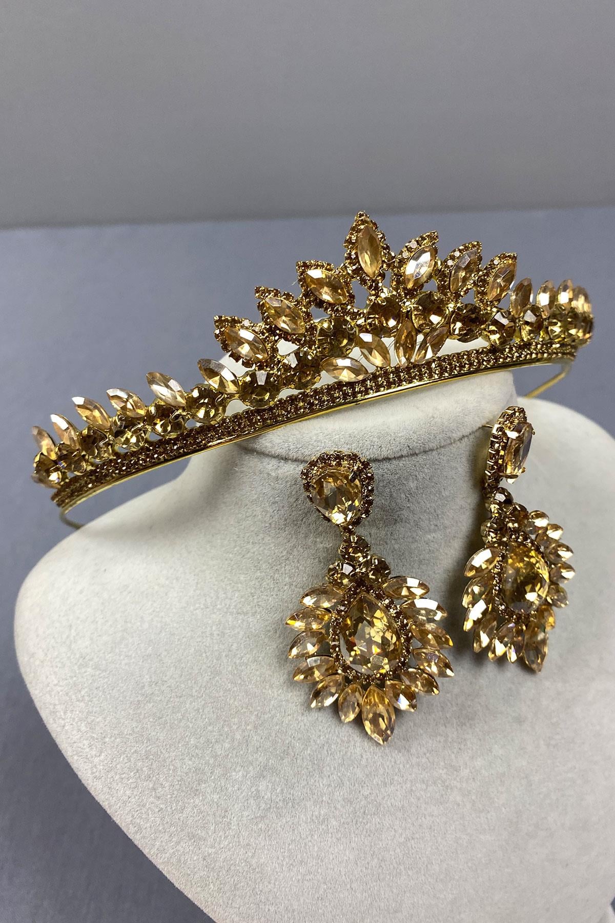 Honey Color Leyn Bridal Henna Crown and Drop Shuttle Earring Set