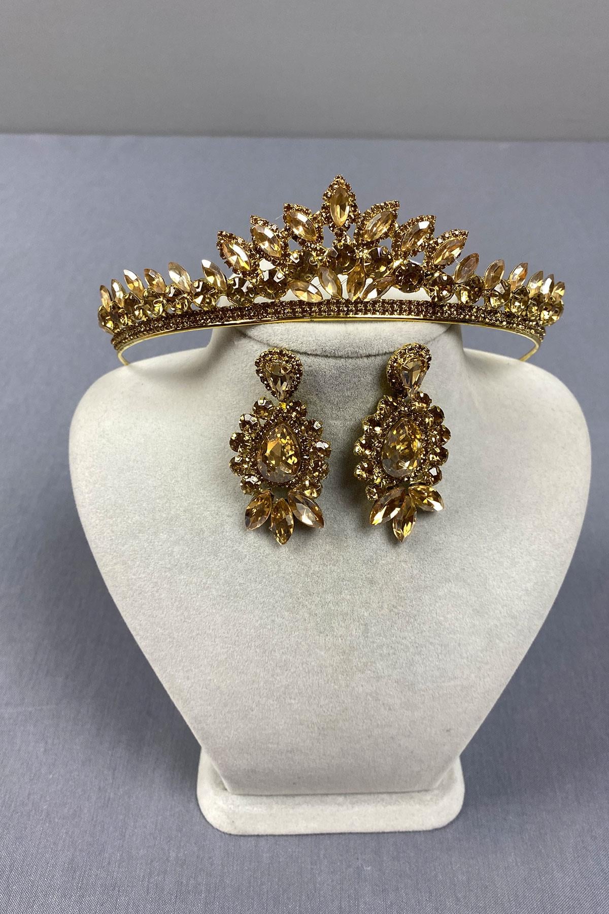 Honey Colored Leyn Bridal Henna Crown and Drop Stone Earring Set