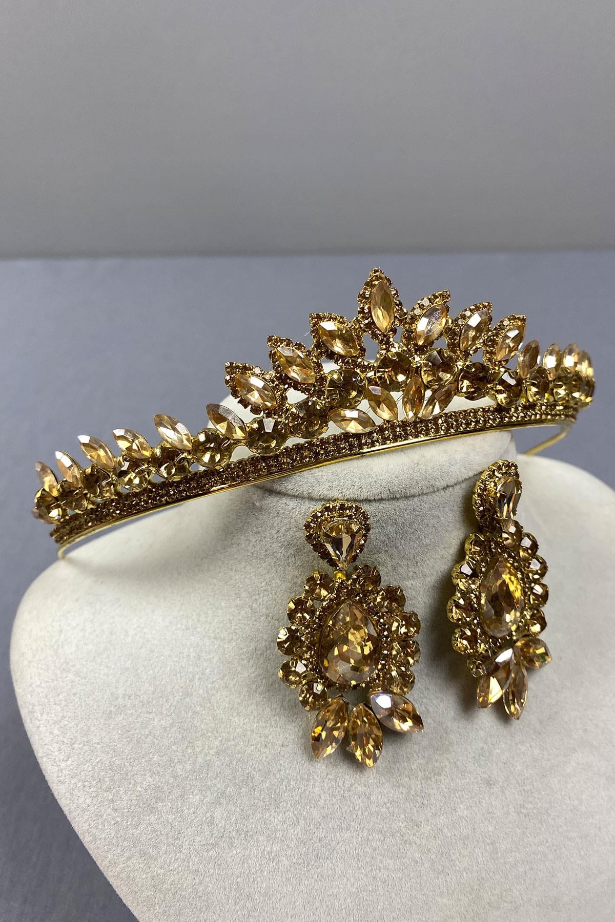 Honey Colored Leyn Bridal Henna Crown and Drop Stone Earring Set