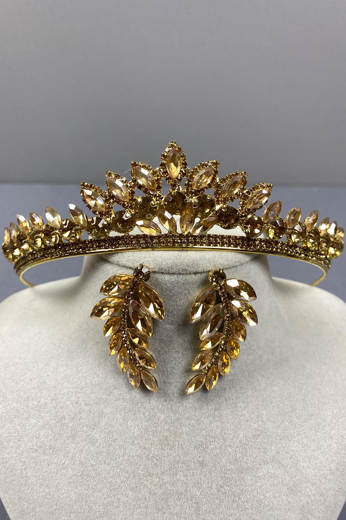 Honey Color Leyn Bridal Henna Crown and Leaf Stone Earring Set
