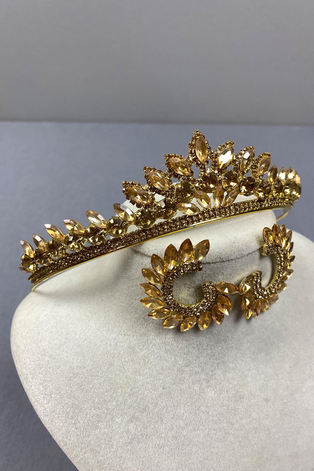 Honey Color Leyn Bridal Henna Crown and Round Stone Earring Set
