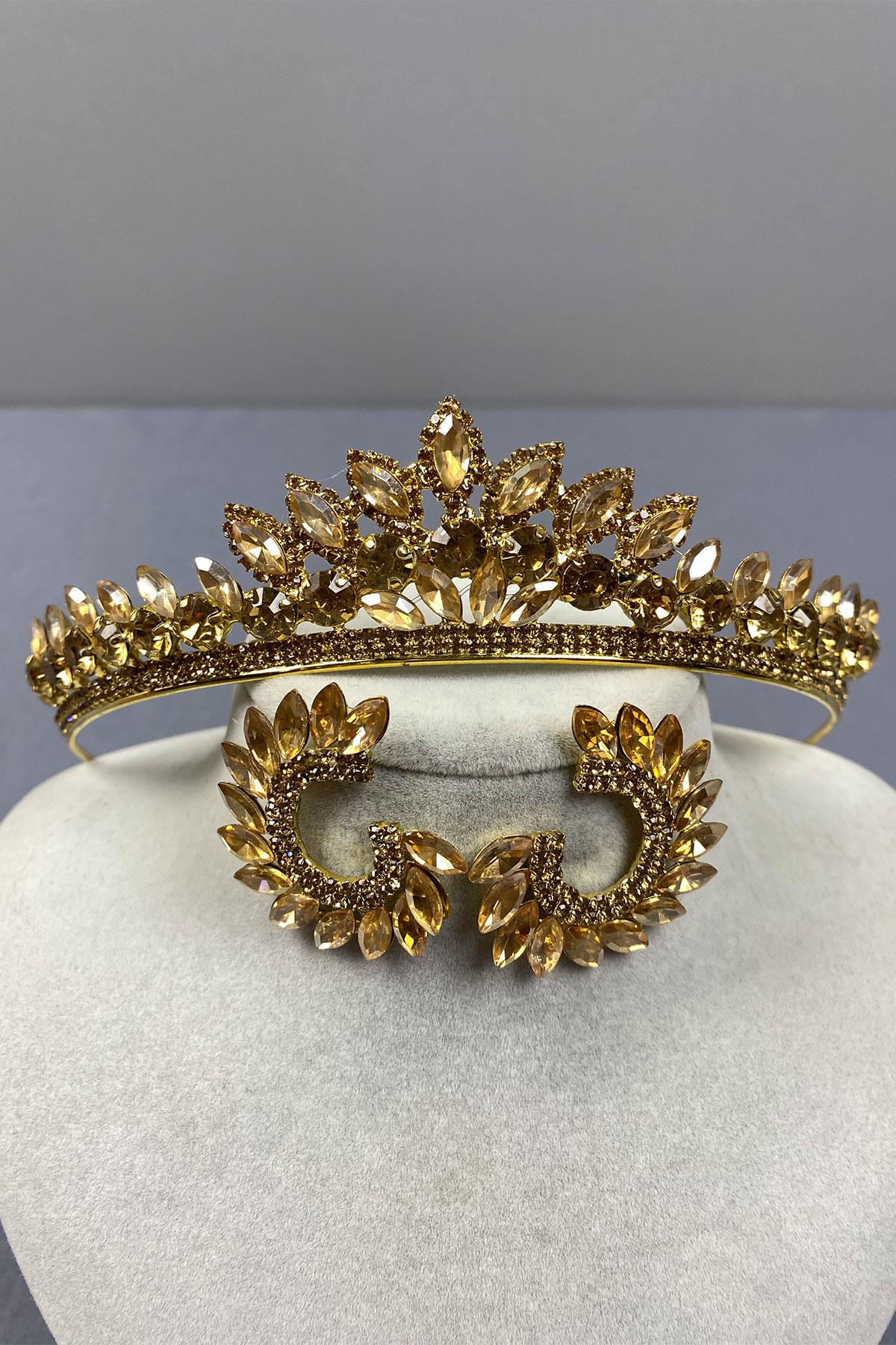 Honey Color Leyn Bridal Henna Crown and Round Stone Earring Set