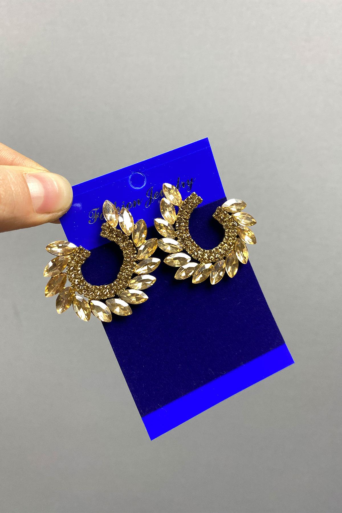 Honey Color Shuttle Hera Leaf Pattern Stone Evening Earrings